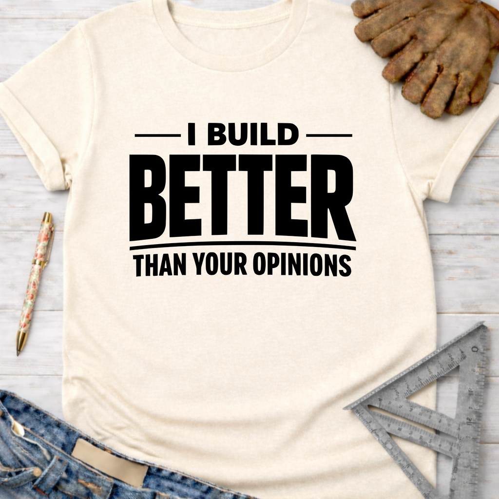 Women's funny woodworking graphic tee shirt for female woodworkers, makers, and DIY builders — Sawdust & Ponytails. Cream t-shirt with "I BUILD BETTER THAN YOUR OPINIONS" in black text.