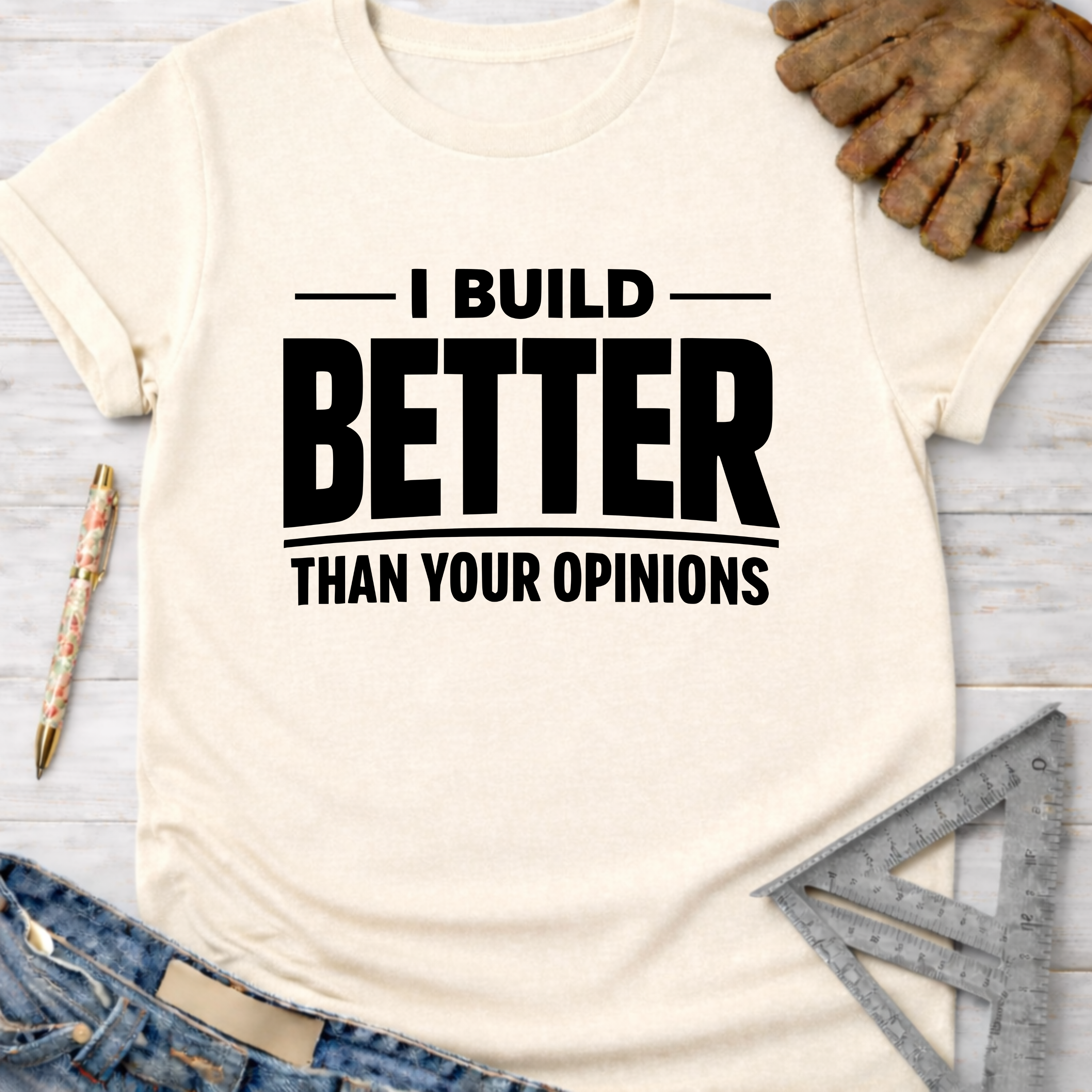 Women's funny woodworking graphic tee shirt for female woodworkers, makers, and DIY builders — Sawdust & Ponytails. Cream t-shirt with "I BUILD BETTER THAN YOUR OPINIONS" in black text.