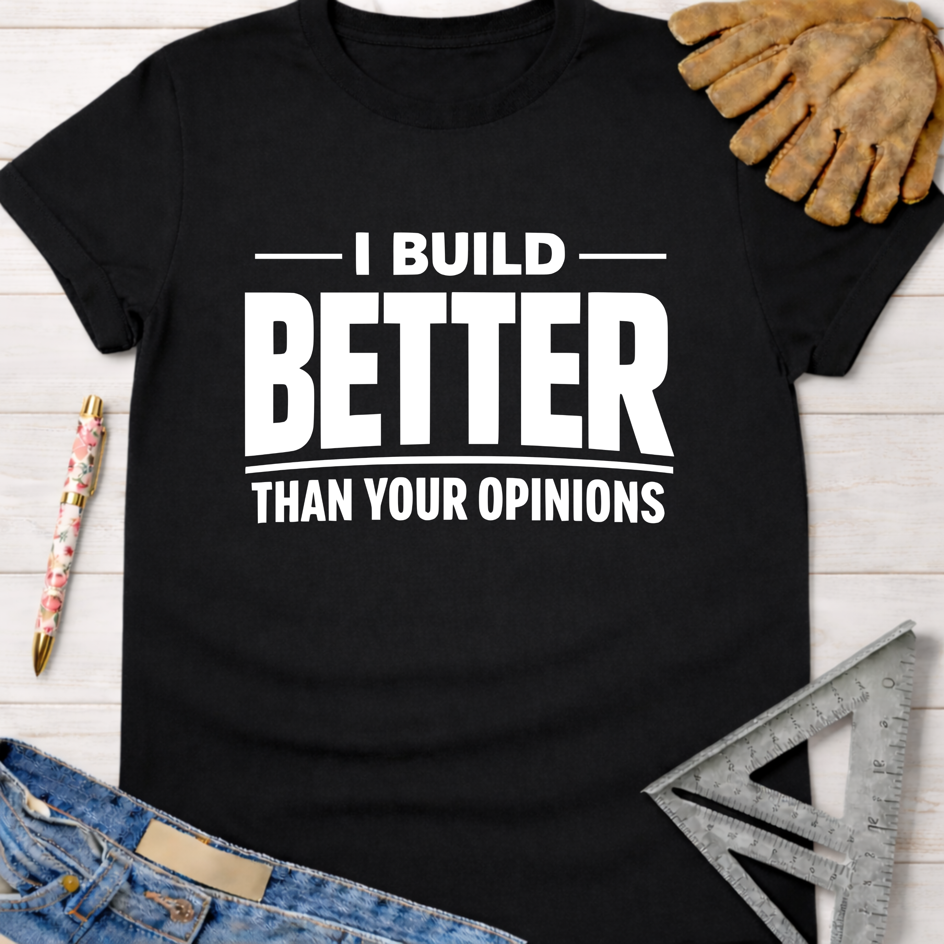 Black cotton "I Build Better Than Your Opinions" graphic tee, with work glove, pen, and ruler. Women's funny woodworking graphic tee shirt for female woodworkers, makers, and DIY builders — Sawdust & Ponytails