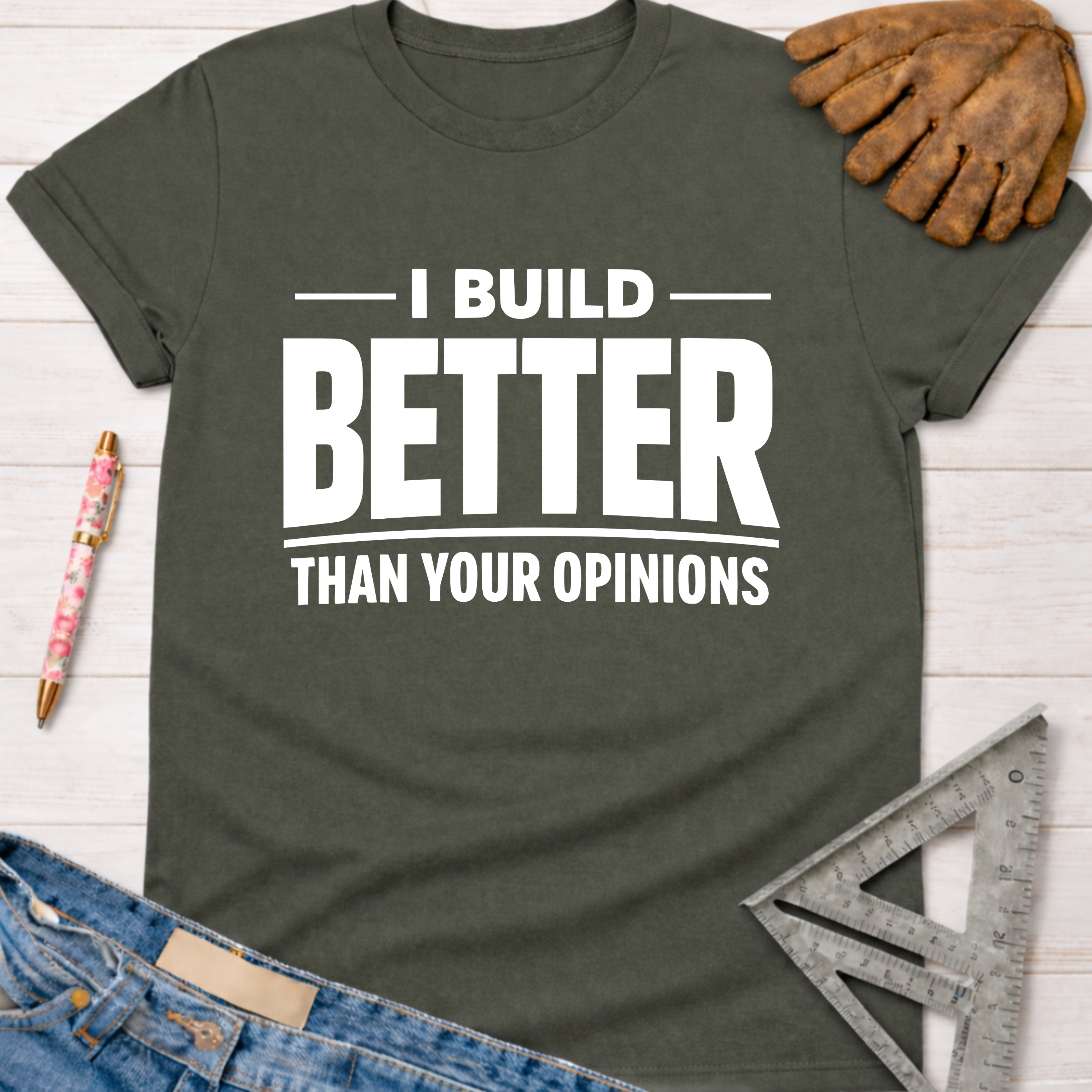 Women's funny woodworking graphic tee shirt for female woodworkers, makers, and DIY builders — Sawdust & Ponytails. Dark gray cotton t-shirt with "I BUILD BETTER THAN YOUR OPINIONS" in white text.