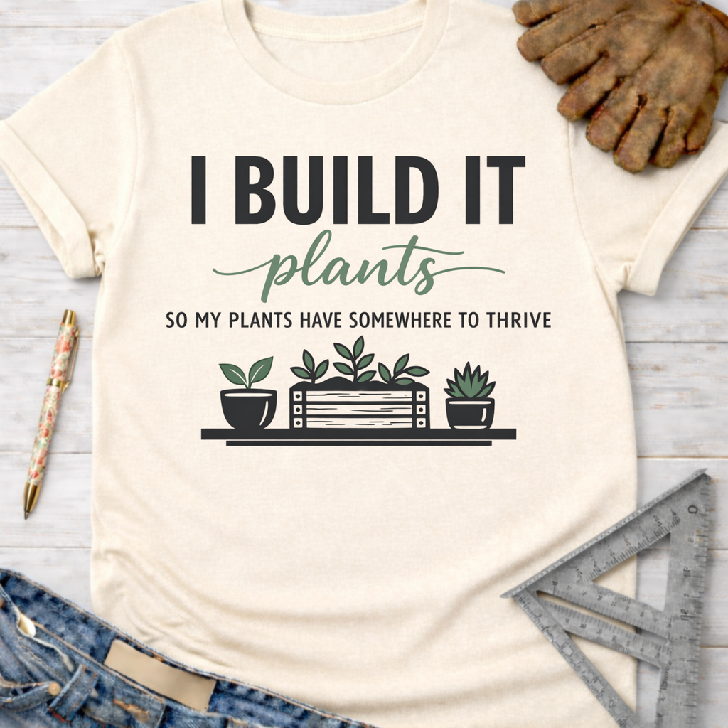 Women's funny woodworking graphic tee shirt for female woodworkers, makers, and DIY builders — Sawdust & Ponytails. Cream "I BUILD IT plants" graphic tee with plant pots.