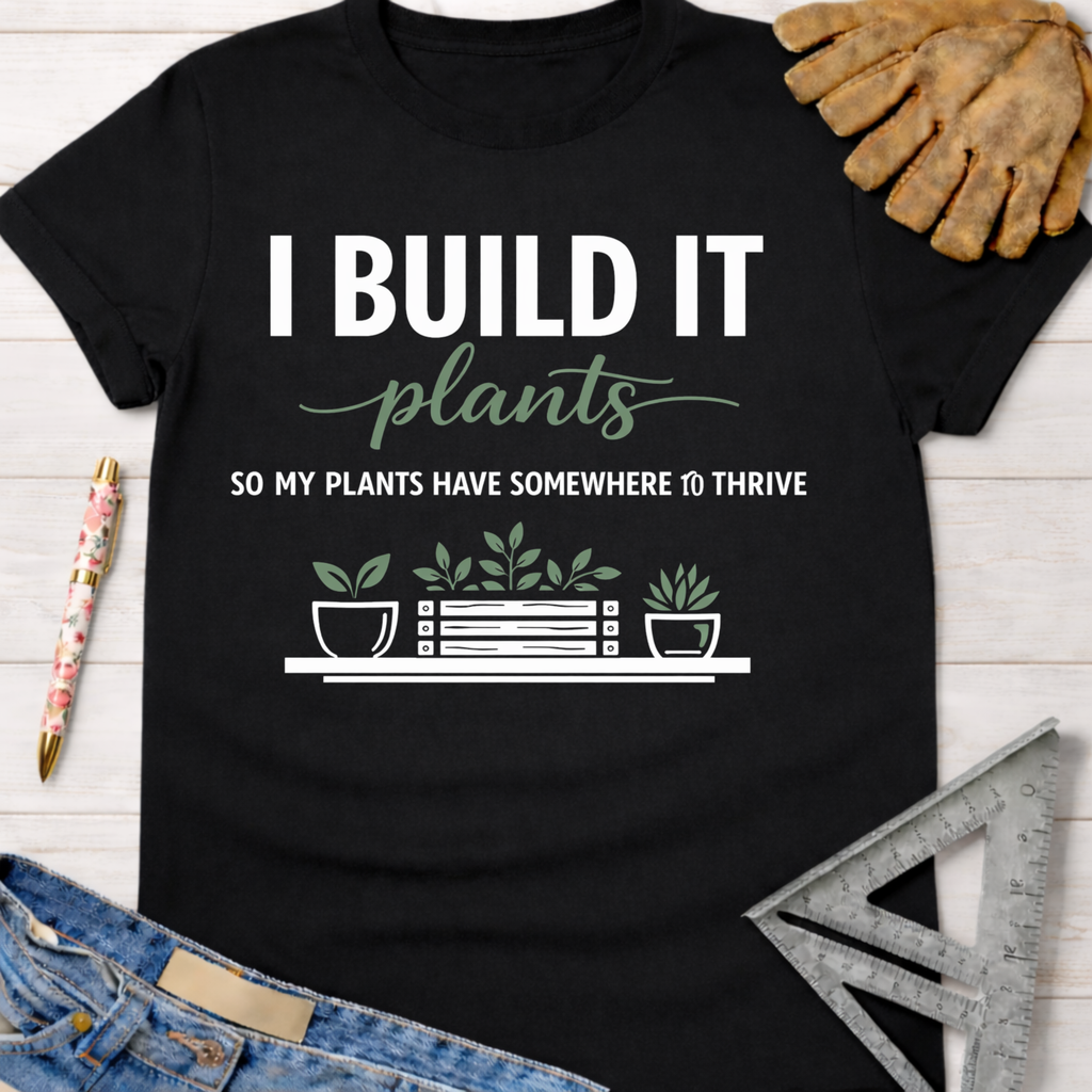 Black "I Build It For My Plants" graphic tee with potted plants design. Women's funny woodworking graphic tee shirt for female woodworkers, makers, and DIY builders — Sawdust & Ponytails