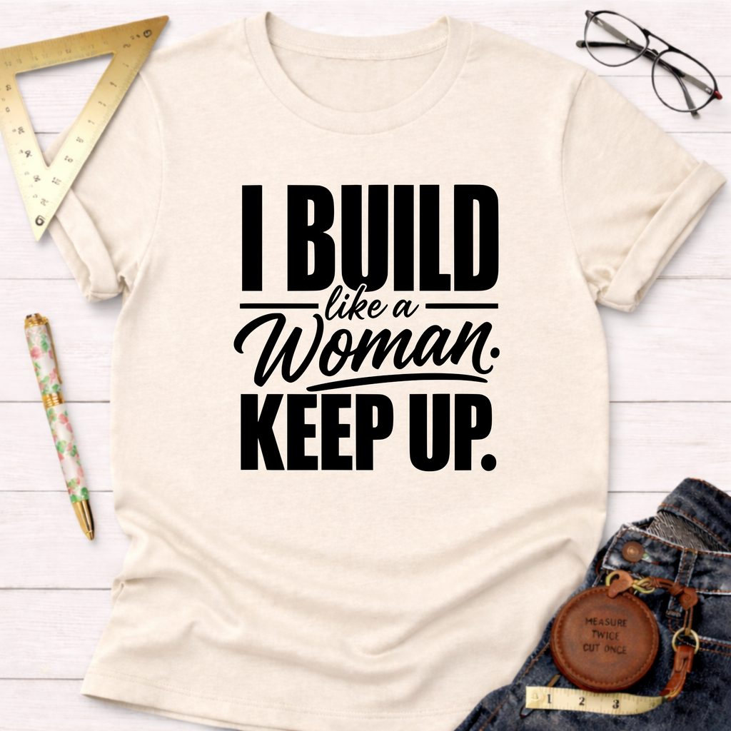Cream cotton t-shirt with "I Build Like A Woman. Keep Up." in black text, styled with jeans and tools.
