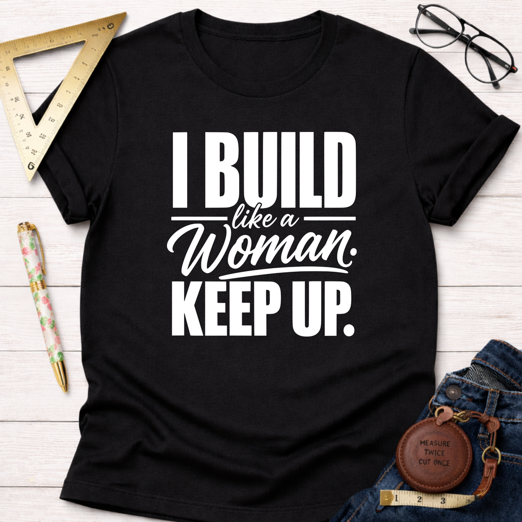 Black cotton t-shirt with "I BUILD like a Woman. KEEP UP." in white text, styled with tools.