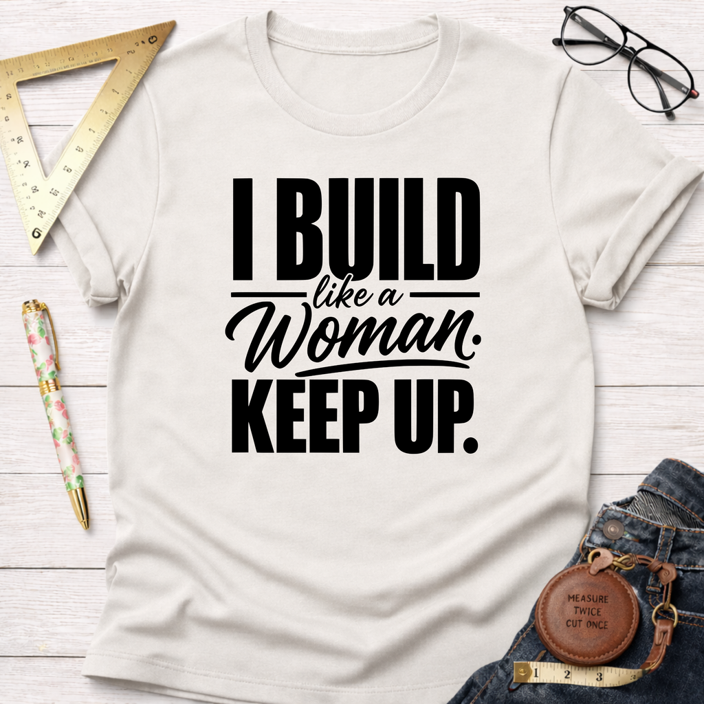 White cotton t-shirt with "I BUILD like a Woman. KEEP UP." in black text, styled with tools.