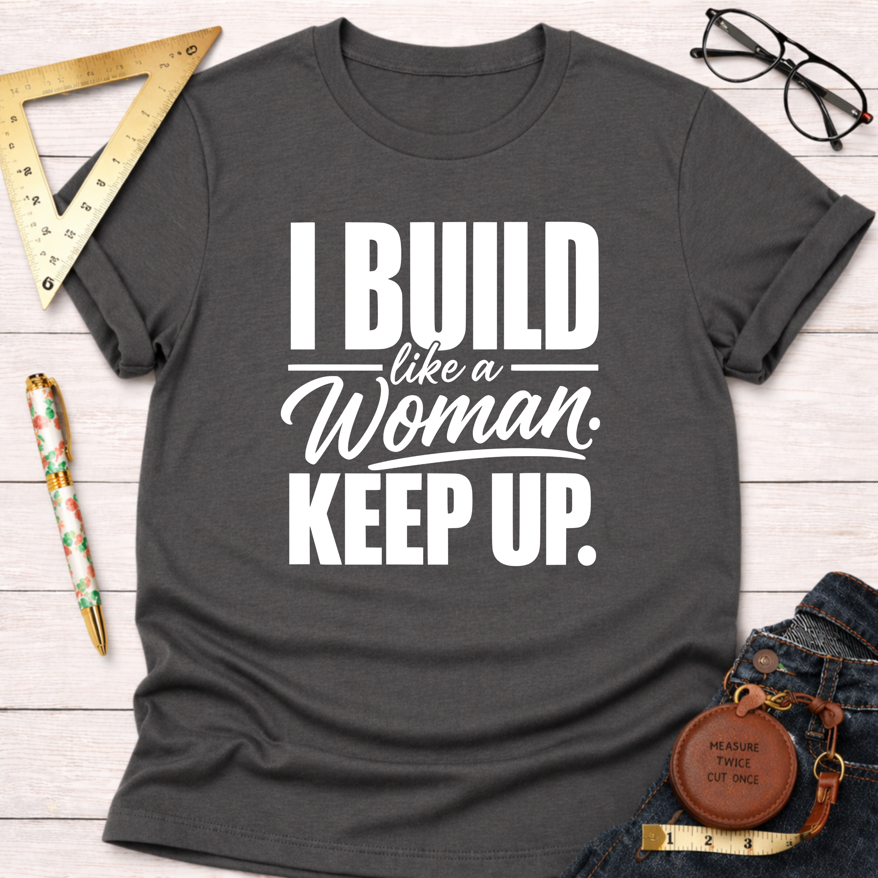 Charcoal gray cotton t-shirt with "I Build Like A Woman. Keep Up." in white text, styled with tools.