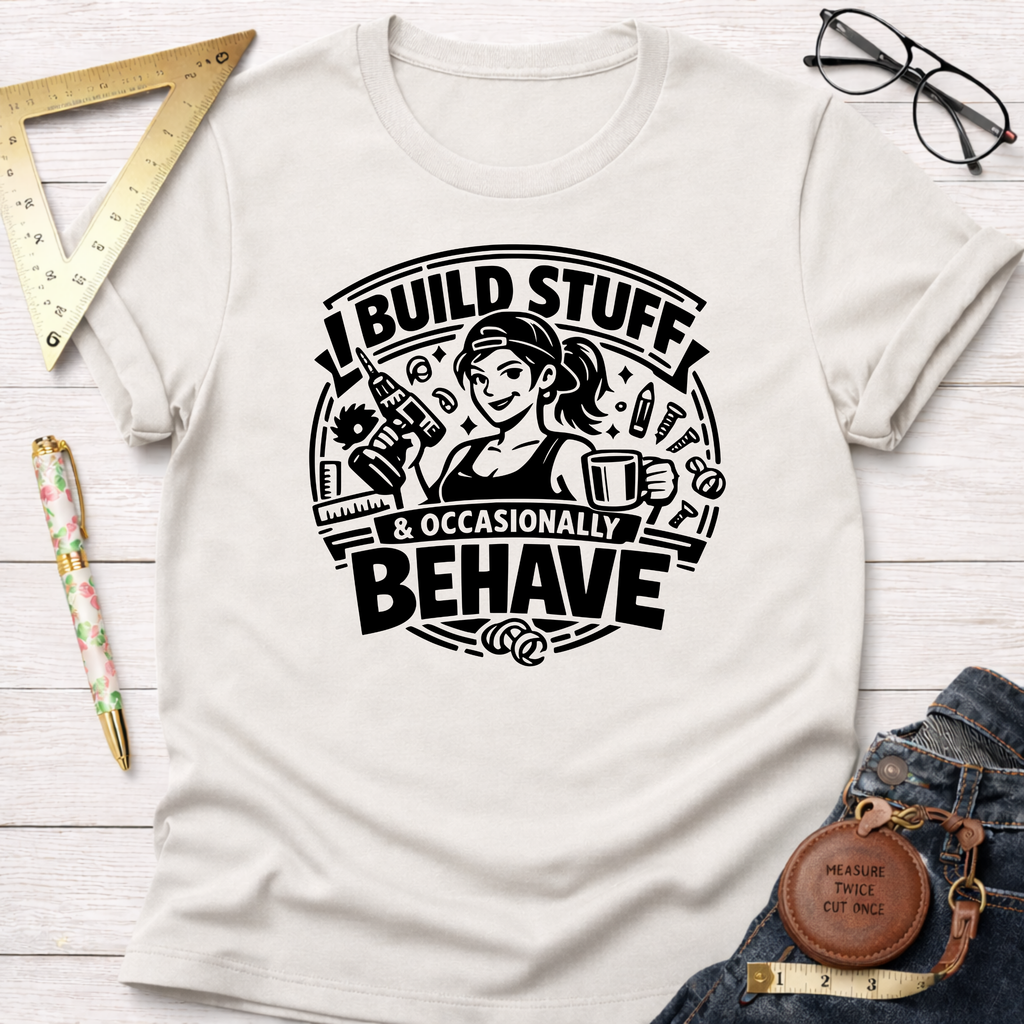 Cream t-shirt with "I Build Stuff & Occasionally Behave" graphic featuring a woman with a drill and coffee.