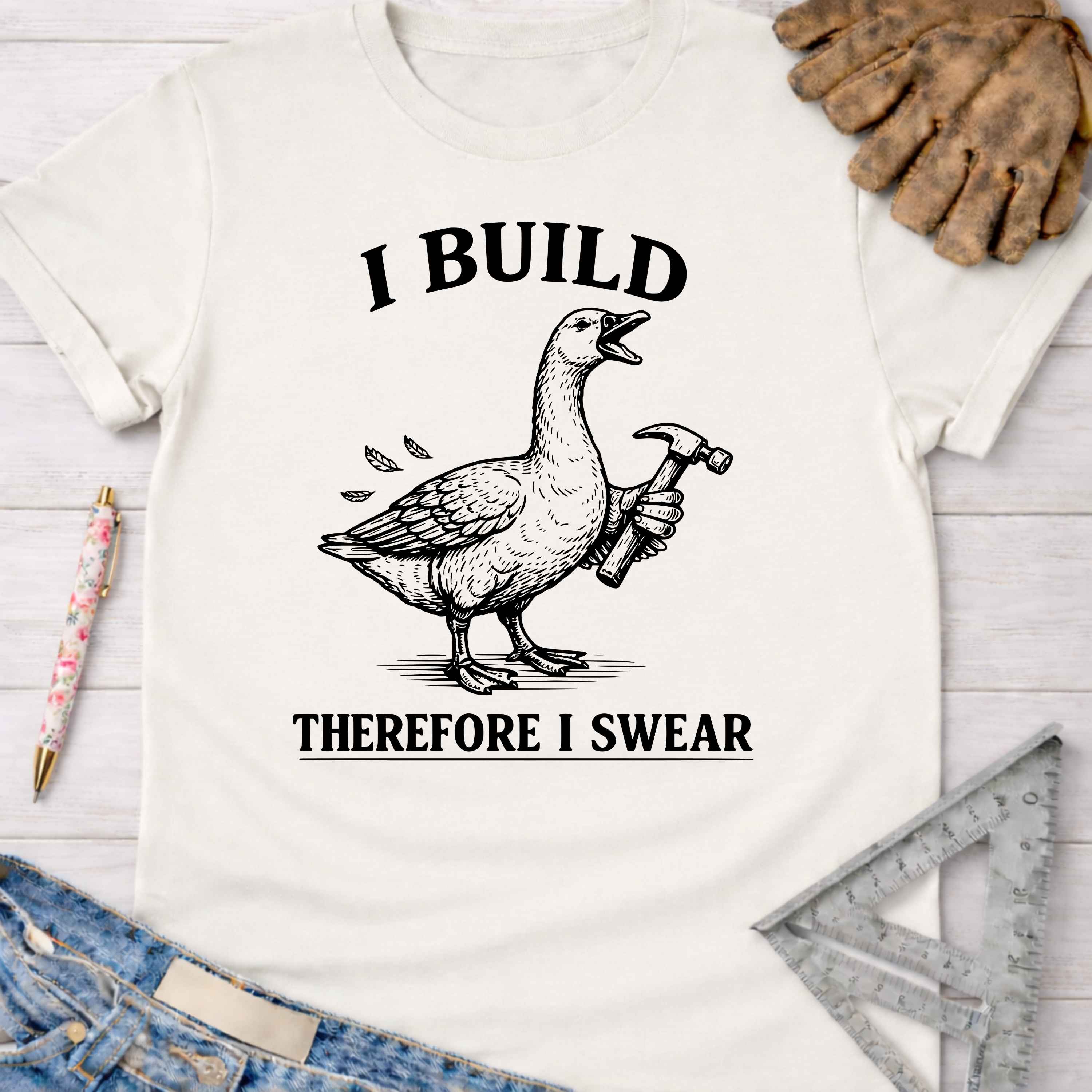 Women's funny woodworking graphic tee shirt for female woodworkers, makers, and DIY builders — Sawdust & Ponytails. Cream cotton tee with a goose holding a hammer and "I BUILD THEREFORE I SWEAR" text.