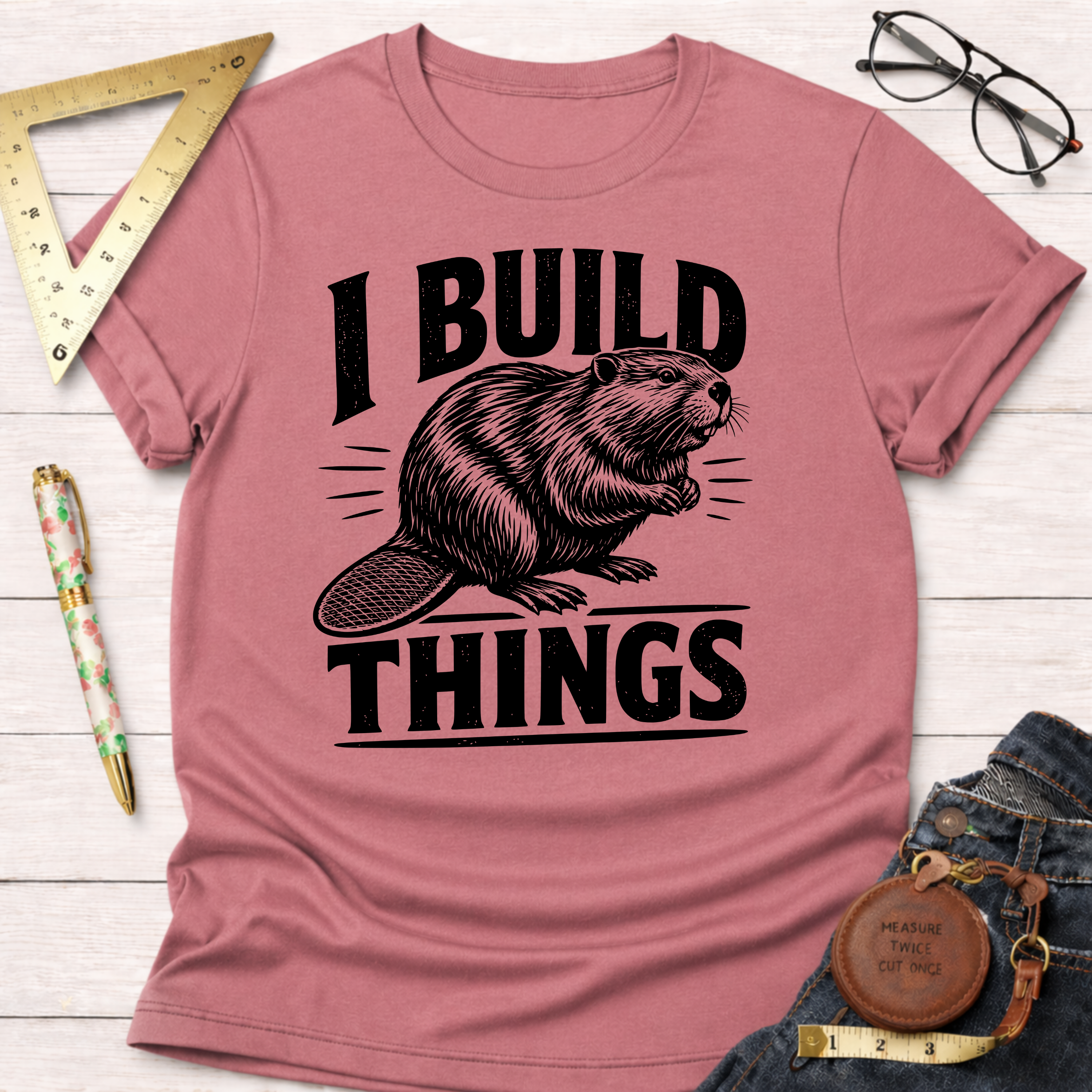 Heather dusty rose t-shirt with "I BUILD THINGS" text and a beaver graphic, styled with jeans and tools.