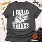 Charcoal gray cotton t-shirt with "I BUILD THINGS" and a beaver graphic in white.