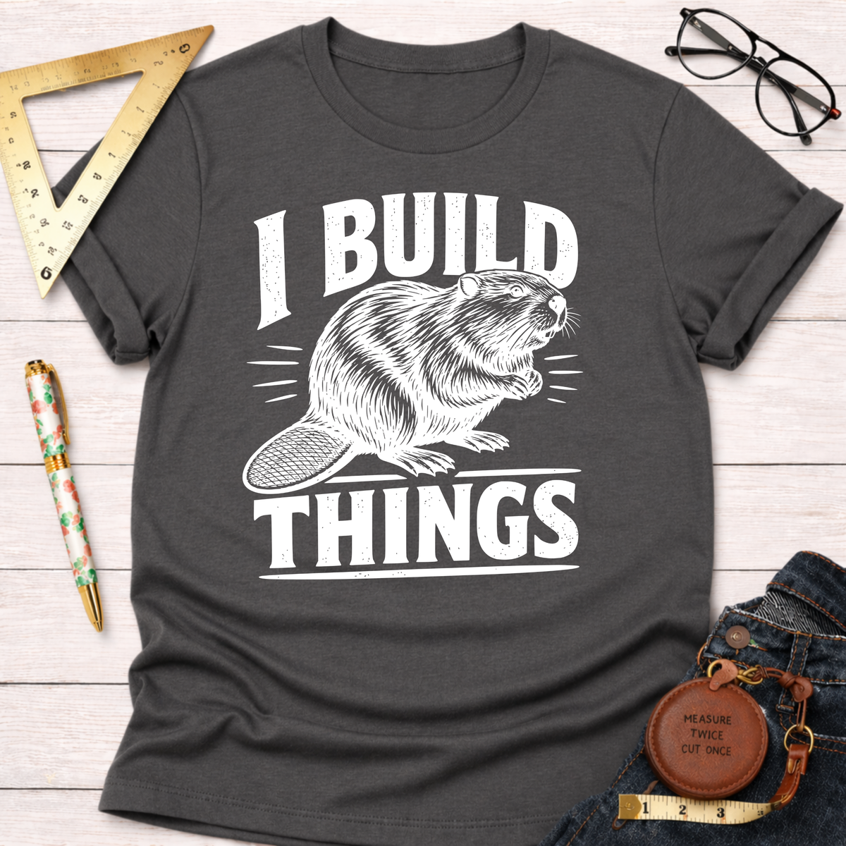 Charcoal gray cotton t-shirt with "I BUILD THINGS" and a beaver graphic in white.