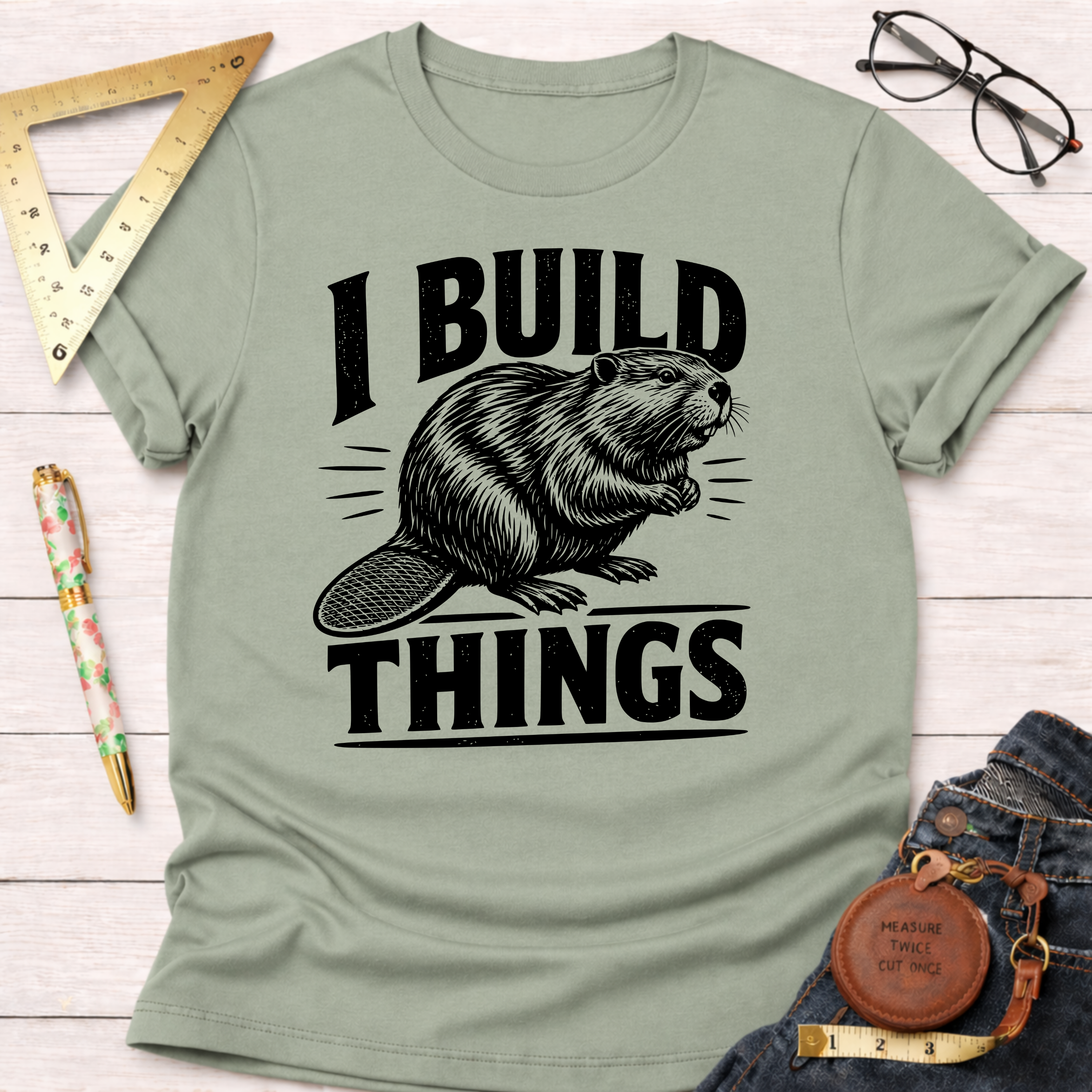 Sage green cotton t-shirt with "I Build Things" text and a beaver graphic, styled with jeans and tools.