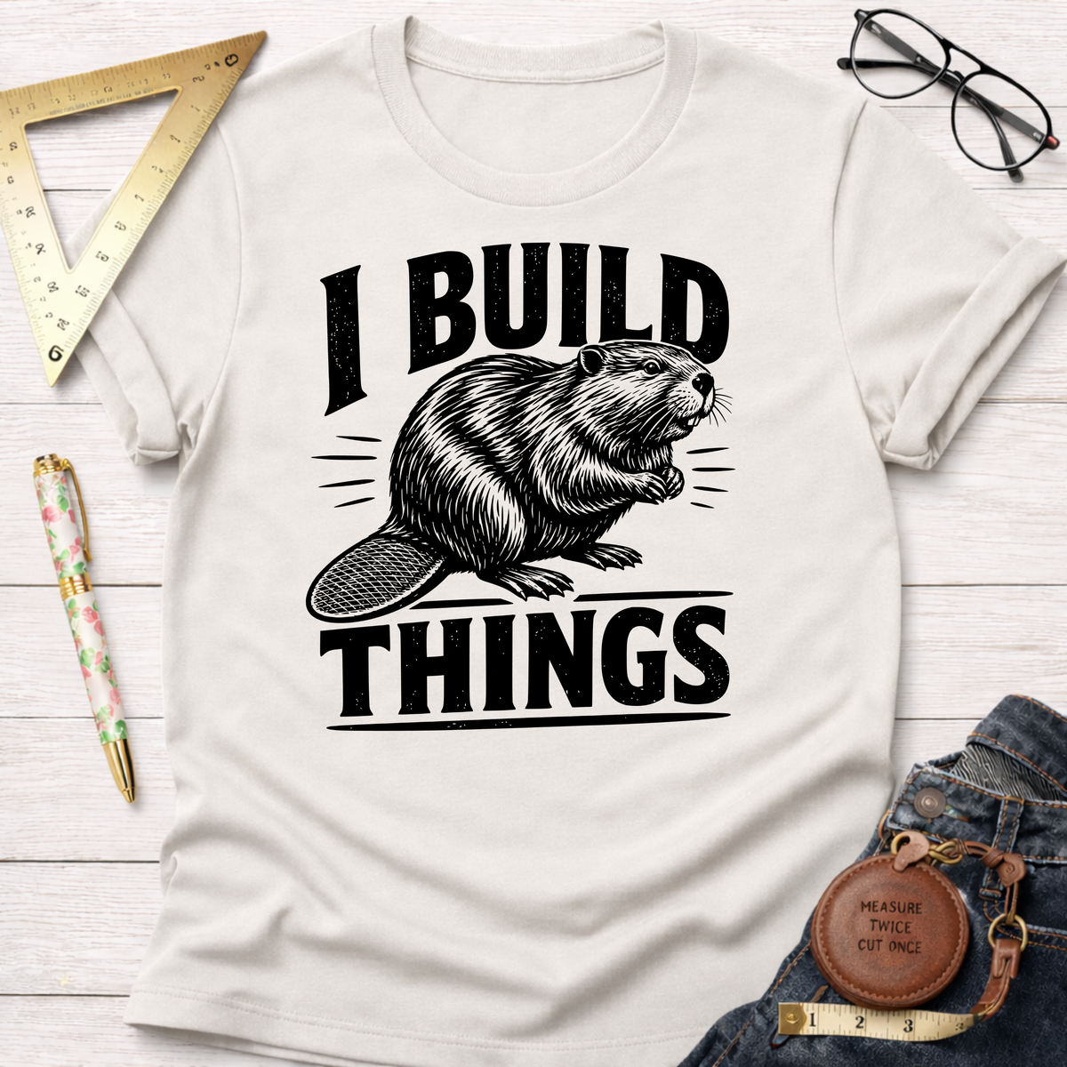 Cream cotton t-shirt with "I BUILD THINGS" text and a graphic of a beaver.