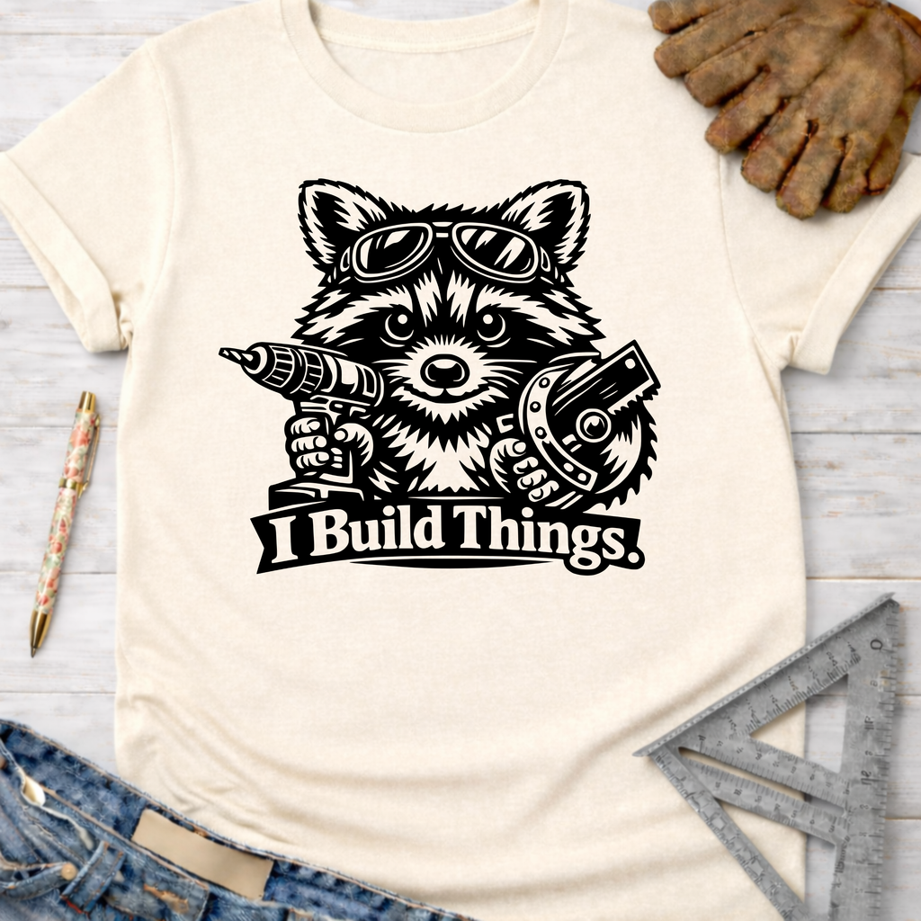 Women's funny woodworking graphic tee shirt for female woodworkers, makers, and DIY builders — Sawdust & Ponytails. Cream t-shirt with a black raccoon wearing goggles, holding a drill and circular saw, with "I Build Things" text.