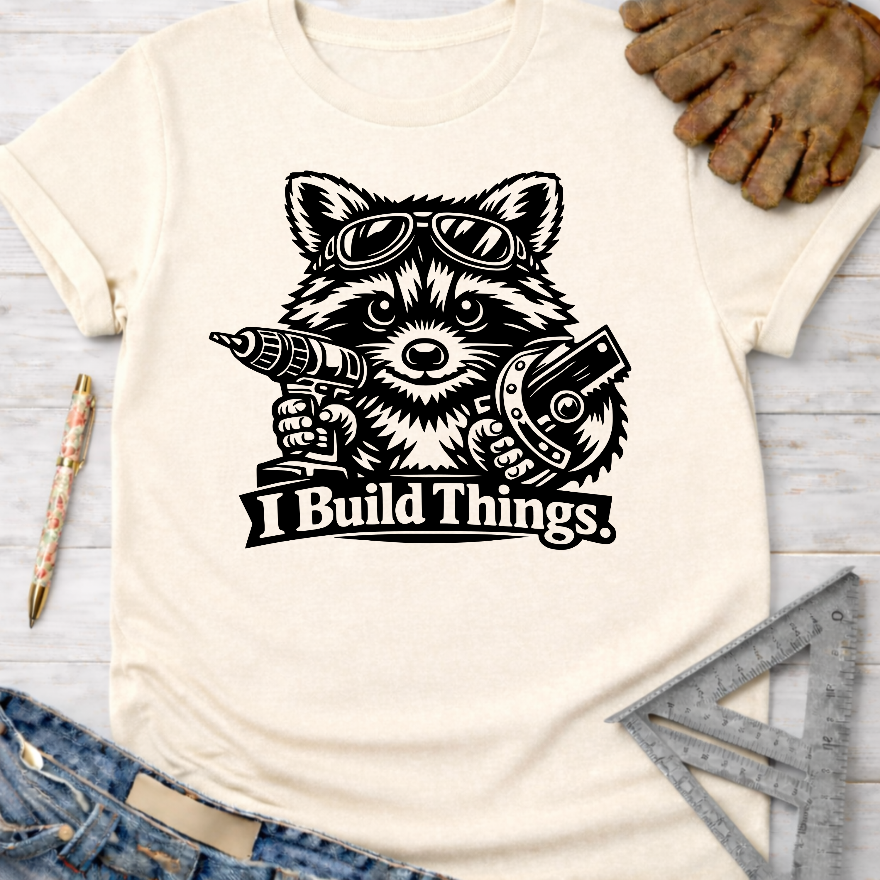Women's funny woodworking graphic tee shirt for female woodworkers, makers, and DIY builders — Sawdust & Ponytails. Cream t-shirt with a black raccoon wearing goggles, holding a drill and circular saw, with "I Build Things" text.