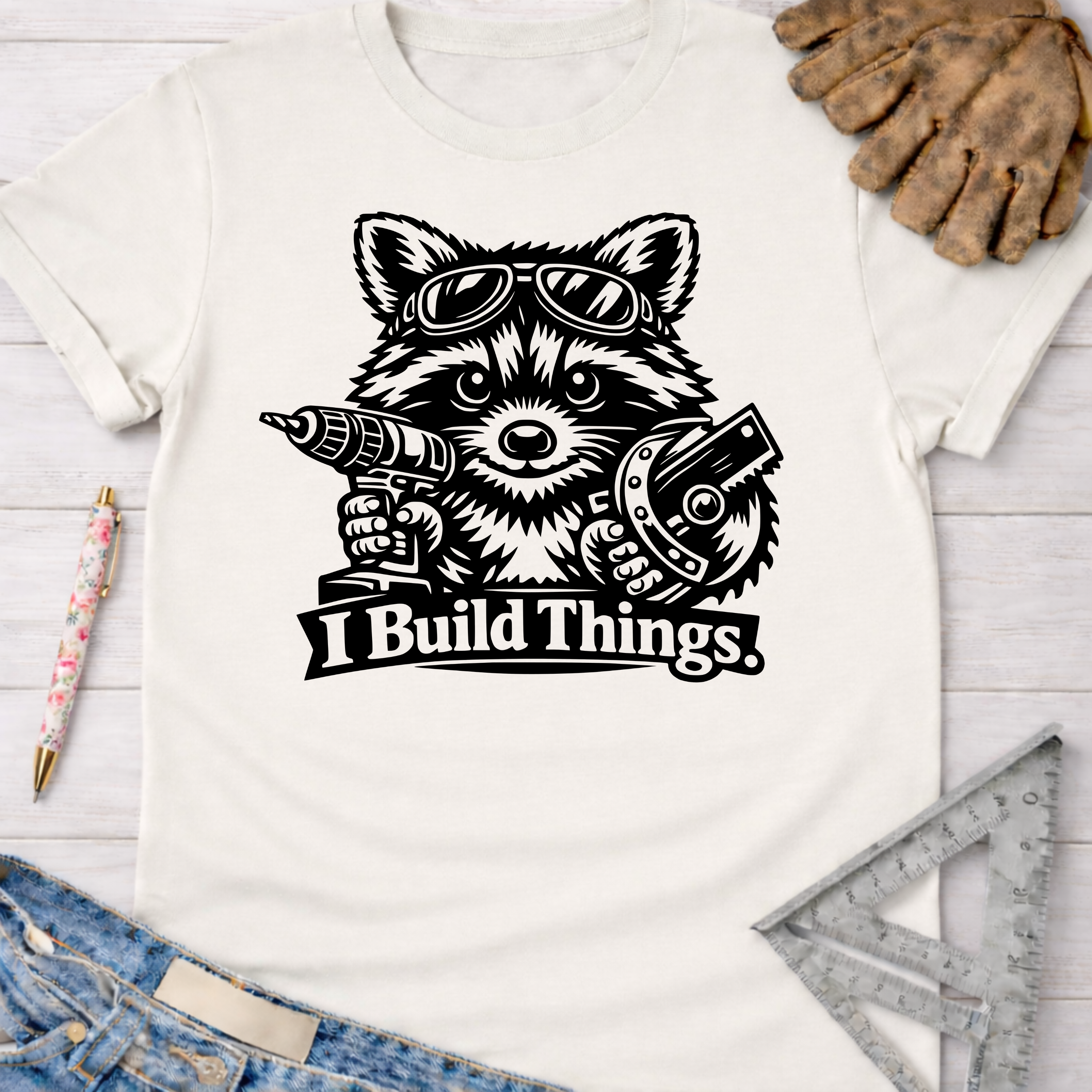 Women's funny woodworking graphic tee shirt for female woodworkers, makers, and DIY builders — Sawdust & Ponytails. White cotton t-shirt with a black graphic of a raccoon wearing goggles, holding a drill and circular saw, with "I Build Things" text.