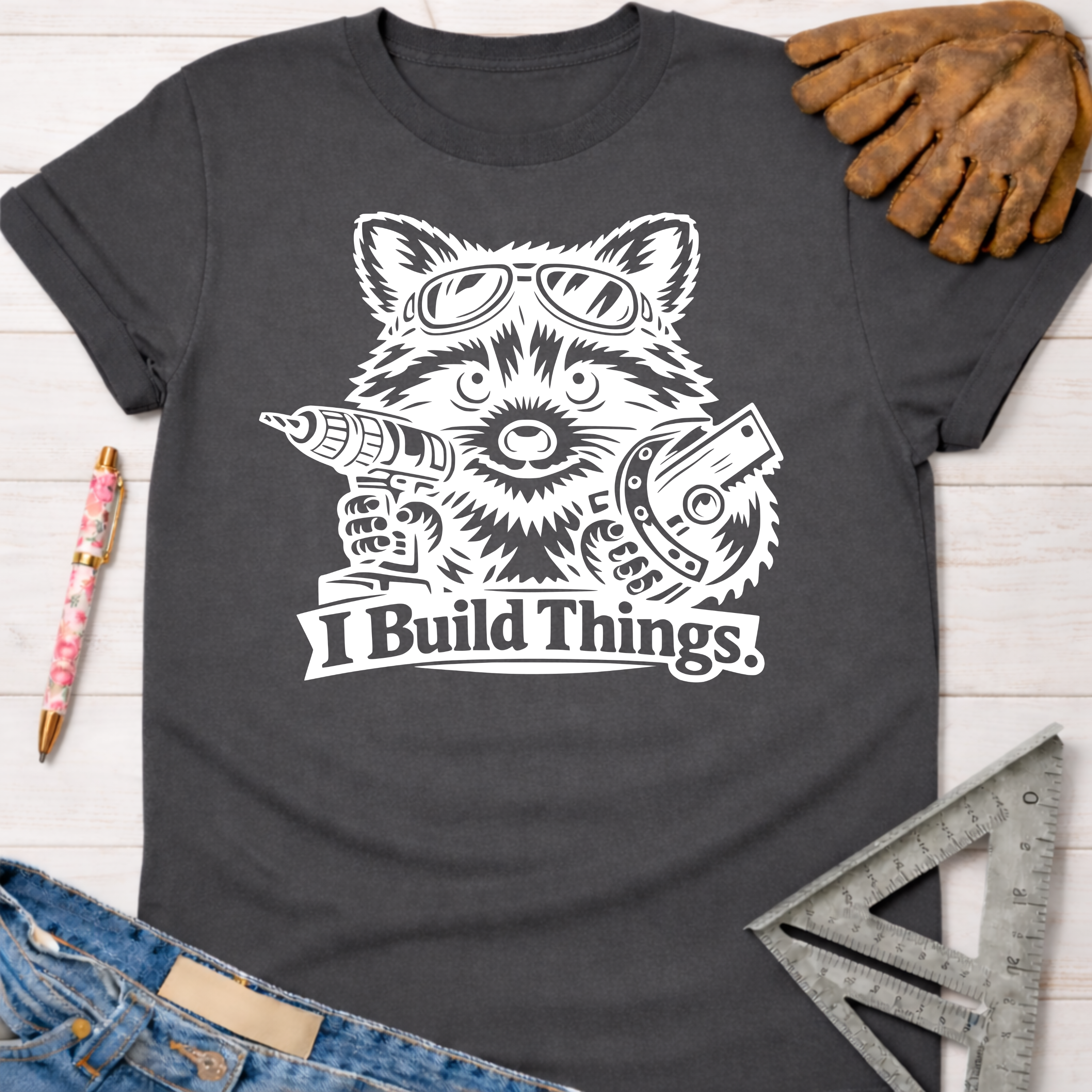 Charcoal gray women's "I Build Things" raccoon tee with drill and saw graphic. Women's funny woodworking graphic tee shirt for female woodworkers, makers, and DIY builders — Sawdust & Ponytails.