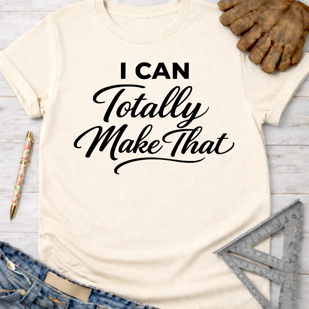 Cream "I Can Totally Make That" graphic tee for women, with work gloves, jeans, and a ruler.