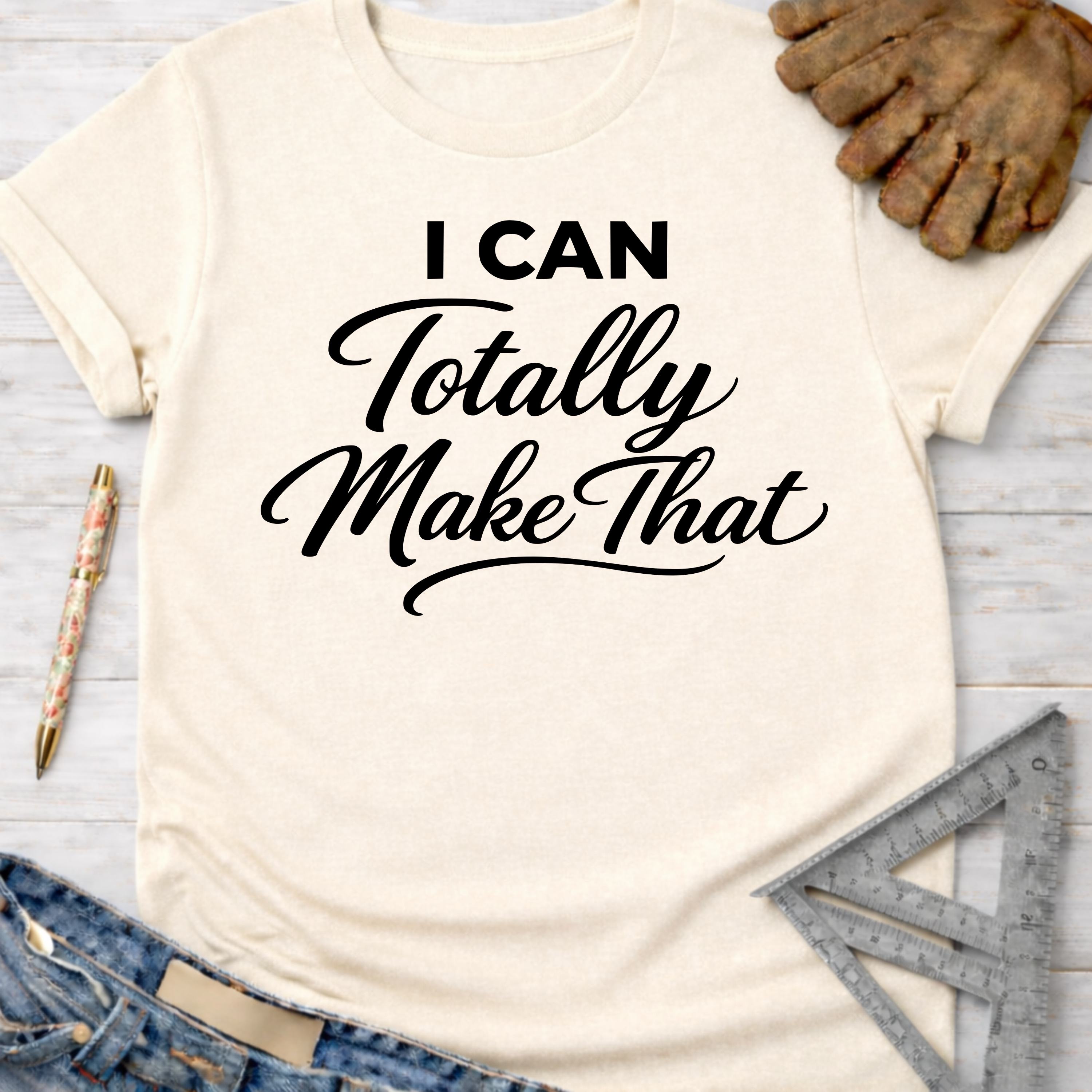 Cream "I Can Totally Make That" graphic tee for women, with work gloves, jeans, and a ruler.