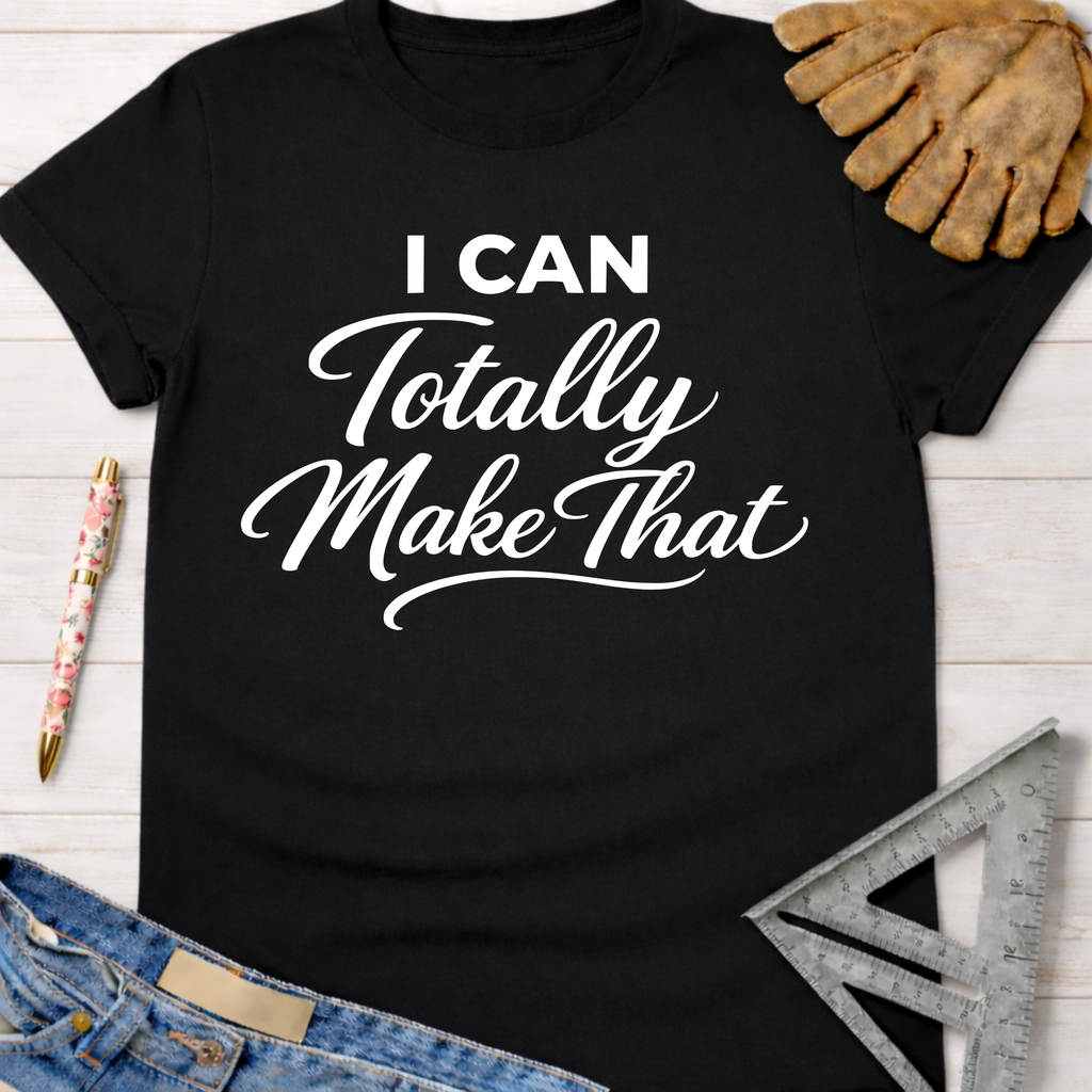 Black cotton tee with "I Can Totally Make That" in white script. Women's funny woodworking graphic tee shirt for female woodworkers, makers, and DIY builders — Sawdust & Ponytails