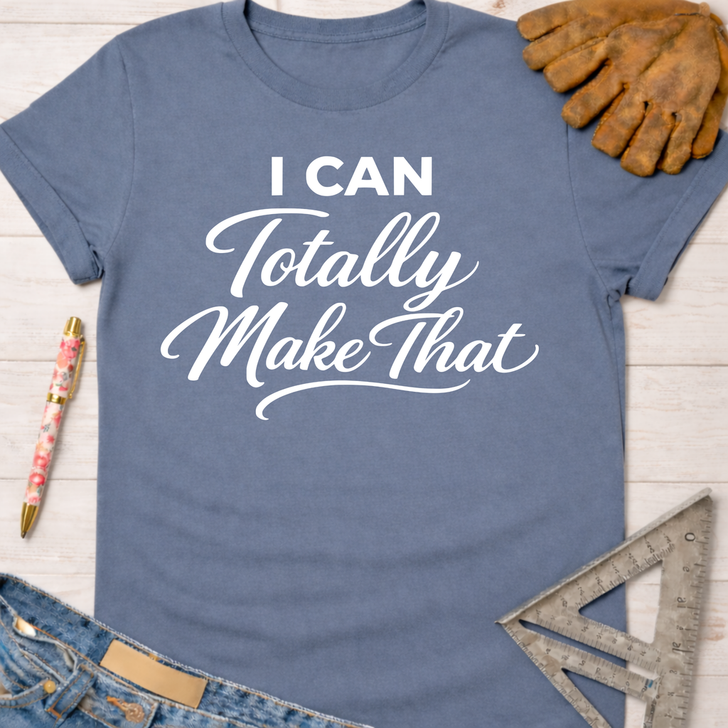 Women's funny woodworking graphic tee shirt for female woodworkers, makers, and DIY builders — Sawdust & Ponytails. Blue short-sleeve tee with "I Can Totally Make That" in white text.