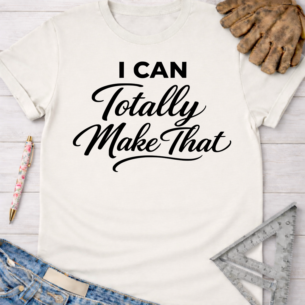 Cream "I Can Totally Make That" graphic tee, women's funny woodworking shirt for makers and DIY builders — Sawdust & Ponytails.