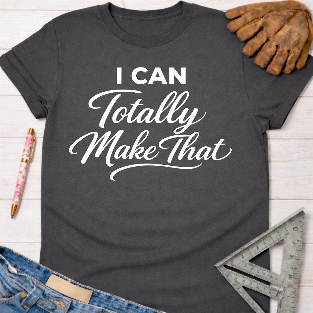 Charcoal gray women's "I Can Totally Make That" graphic tee, with jeans, work glove, and ruler. Women's funny woodworking graphic tee shirt for female woodworkers, makers, and DIY builders — Sawdust & Ponytails