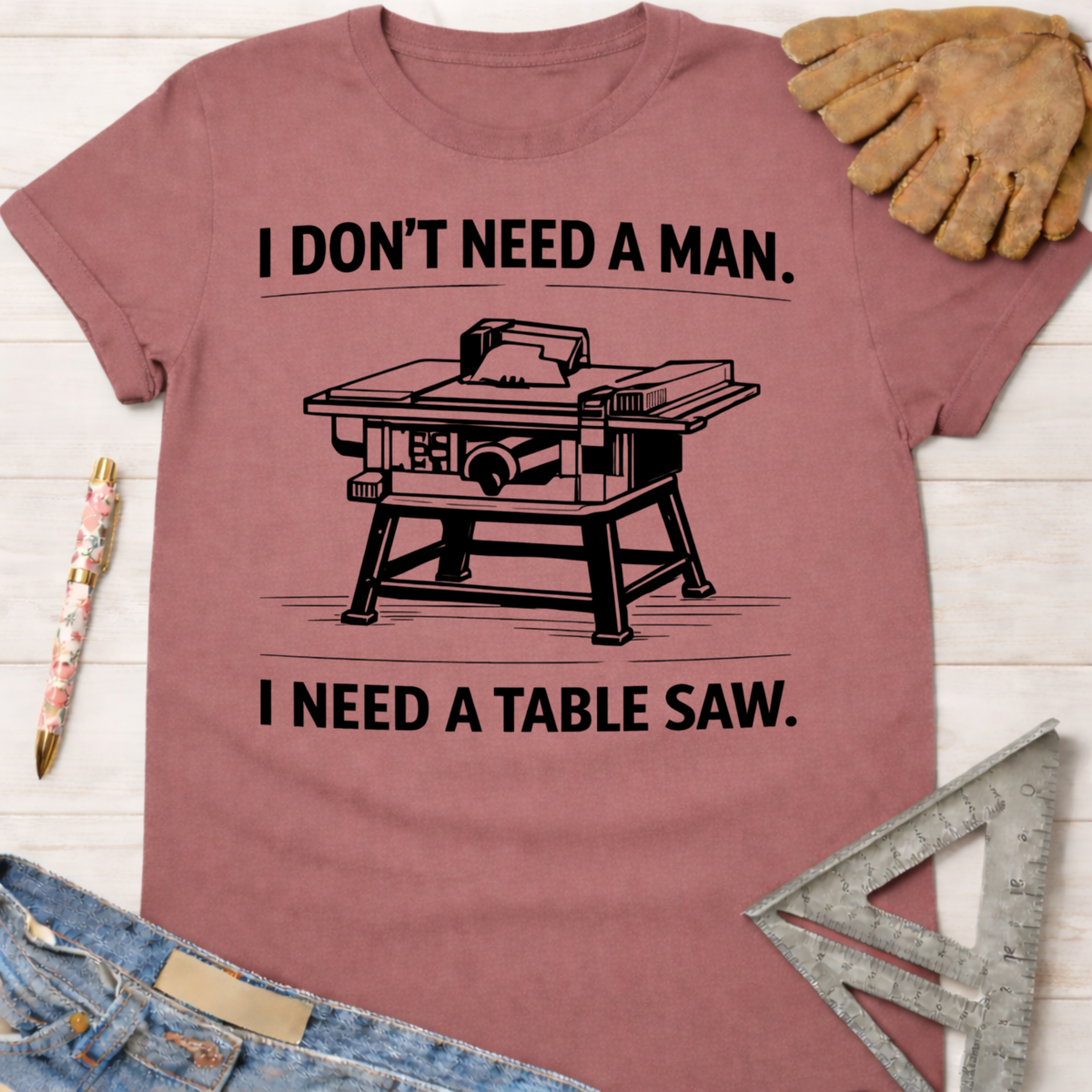 Women's funny woodworking graphic tee shirt for female woodworkers, makers, and DIY builders — Sawdust & Ponytails.