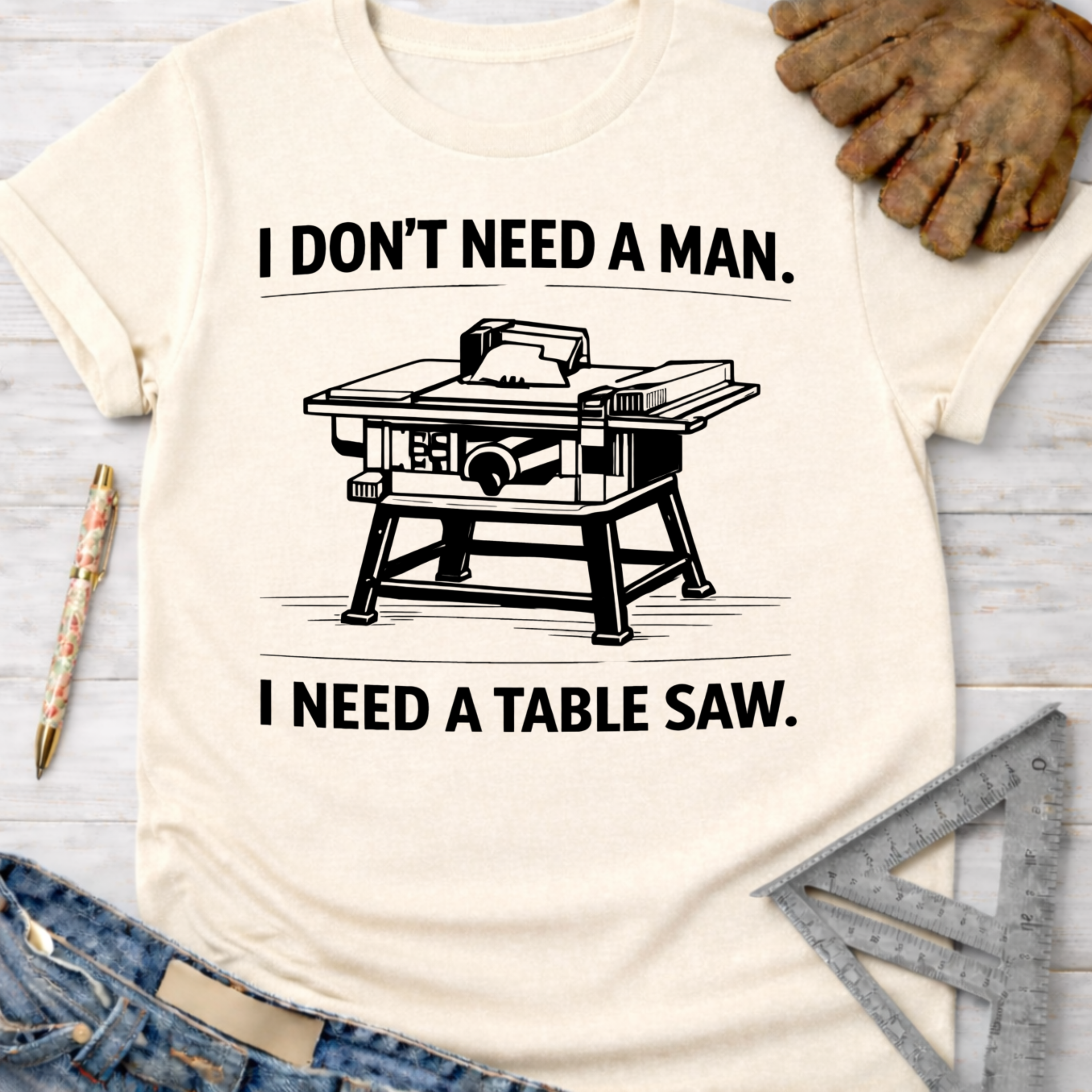 Women's funny woodworking graphic tee shirt for female woodworkers, makers, and DIY builders — Sawdust & Ponytails.