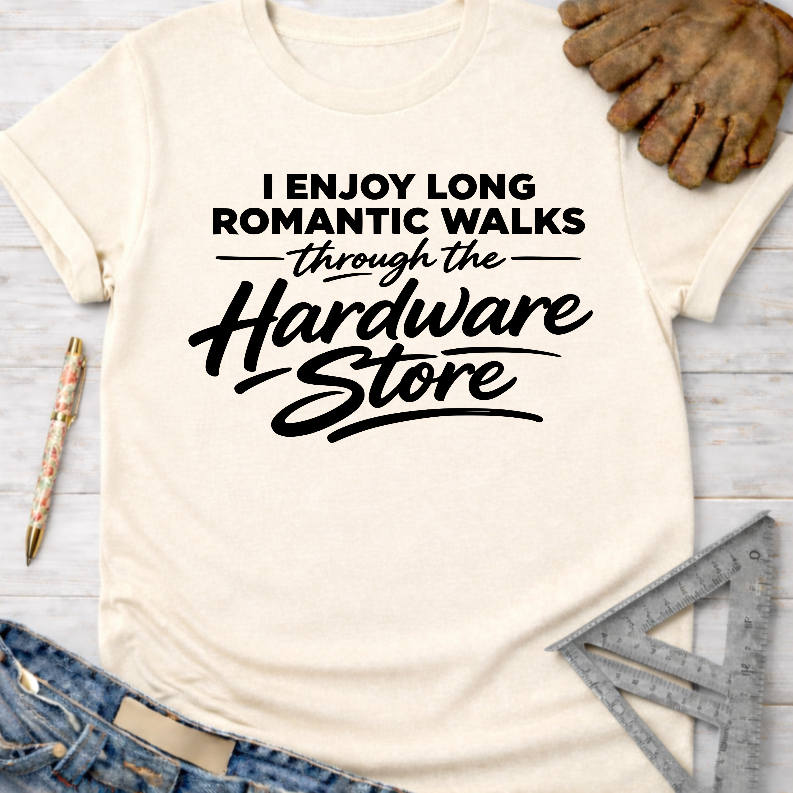 Women's funny woodworking graphic tee shirt for female woodworkers, makers, and DIY builders — Sawdust & Ponytails. Cream t-shirt with "I Enjoy Long Romantic Walks Through The Hardware Store" in black text.