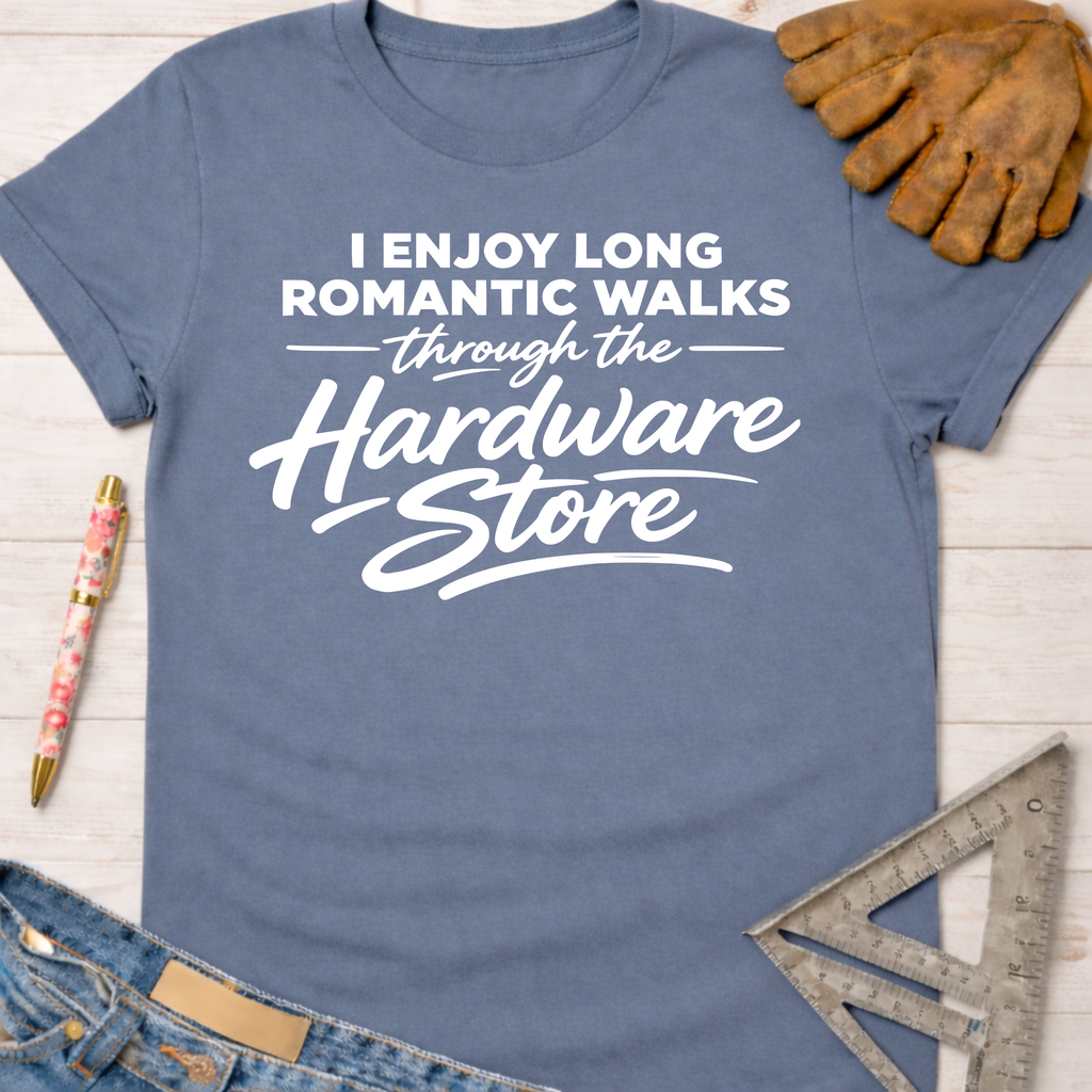Women's funny woodworking graphic tee shirt for female woodworkers, makers, and DIY builders — Sawdust & Ponytails. Blue cotton tee with "I Enjoy Long Romantic Walks Through The Hardware Store" in white text.