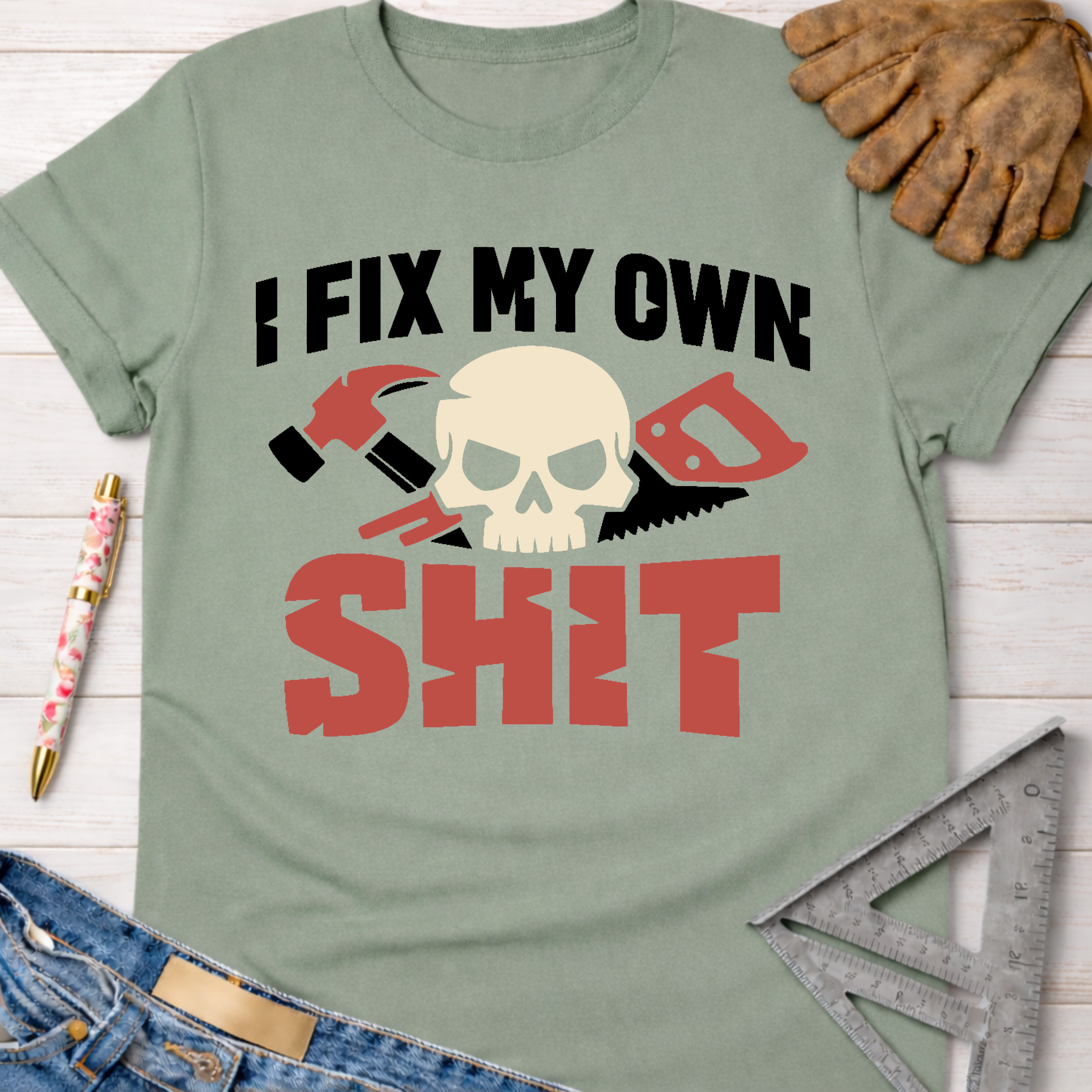 Women's funny woodworking graphic tee shirt for female woodworkers, makers, and DIY builders — Sawdust & Ponytails.