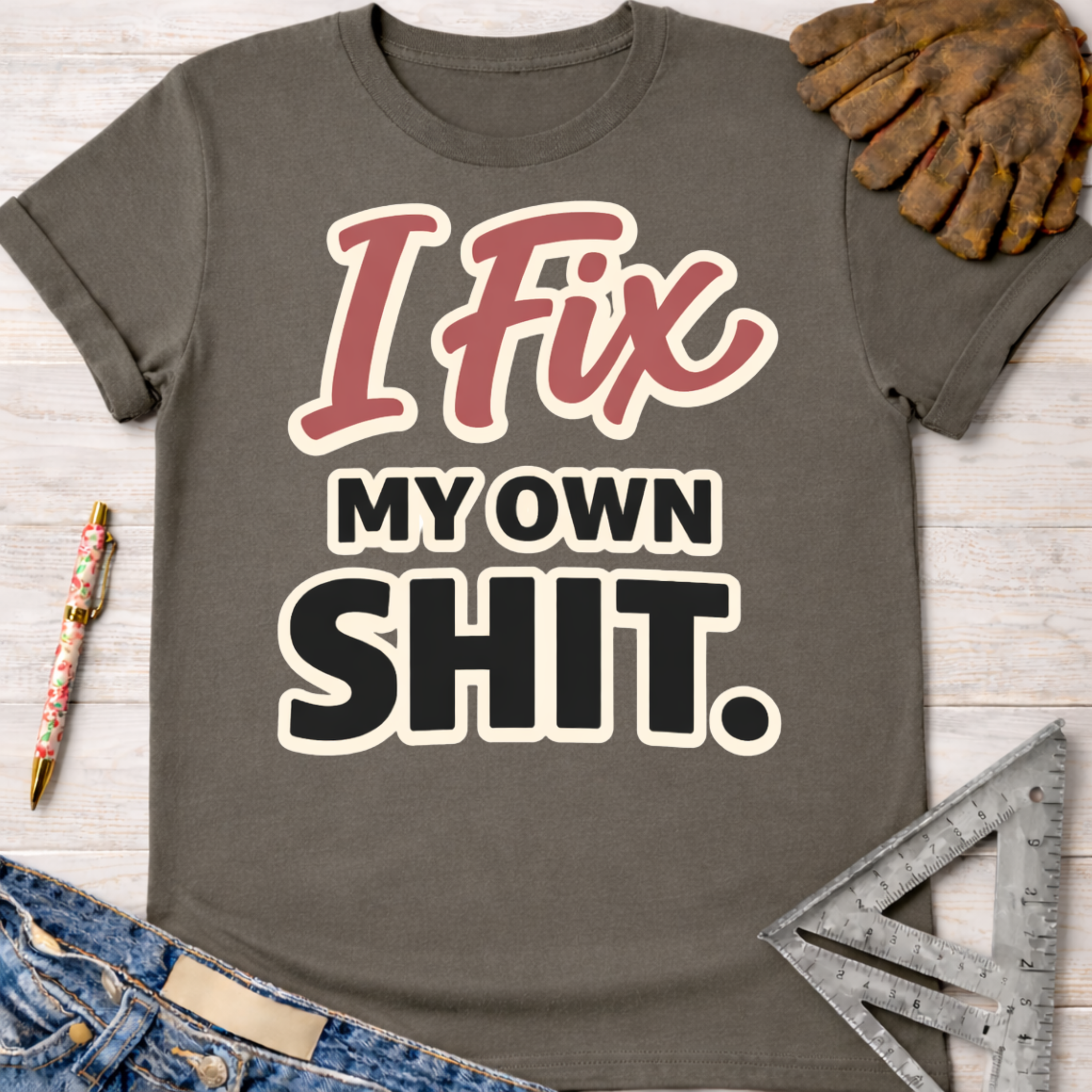 Women's funny woodworking graphic tee shirt for female woodworkers, makers, and DIY builders — Sawdust & Ponytails. Dark gray cotton t-shirt with "I Fix My Own Shit" in red and black text.