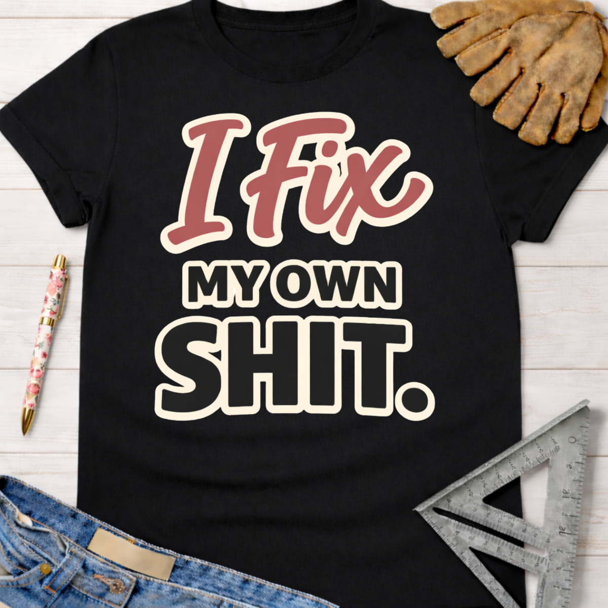 Women's funny woodworking graphic tee shirt for female woodworkers, makers, and DIY builders — Sawdust & Ponytails. Black cotton crewneck t-shirt with "I Fix My Own Shit" in red and cream text.
