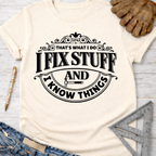 Women's funny woodworking graphic tee shirt for female woodworkers, makers, and DIY builders — Sawdust & Ponytails. Cream t-shirt with "I Fix Stuff And I Know Things" graphic.