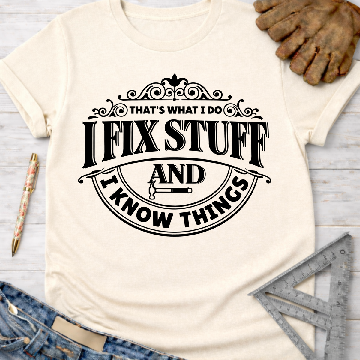 Women's funny woodworking graphic tee shirt for female woodworkers, makers, and DIY builders — Sawdust & Ponytails. Cream t-shirt with "I Fix Stuff And I Know Things" graphic.