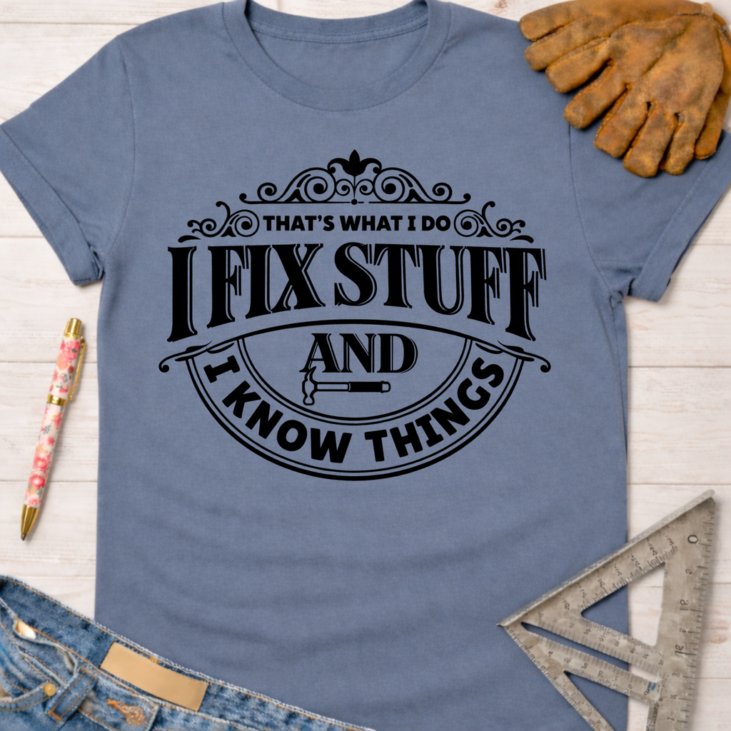 Women's funny woodworking graphic tee shirt for female woodworkers, makers, and DIY builders — Sawdust & Ponytails. Blue cotton tee with "I FIX STUFF AND I KNOW THINGS" graphic.