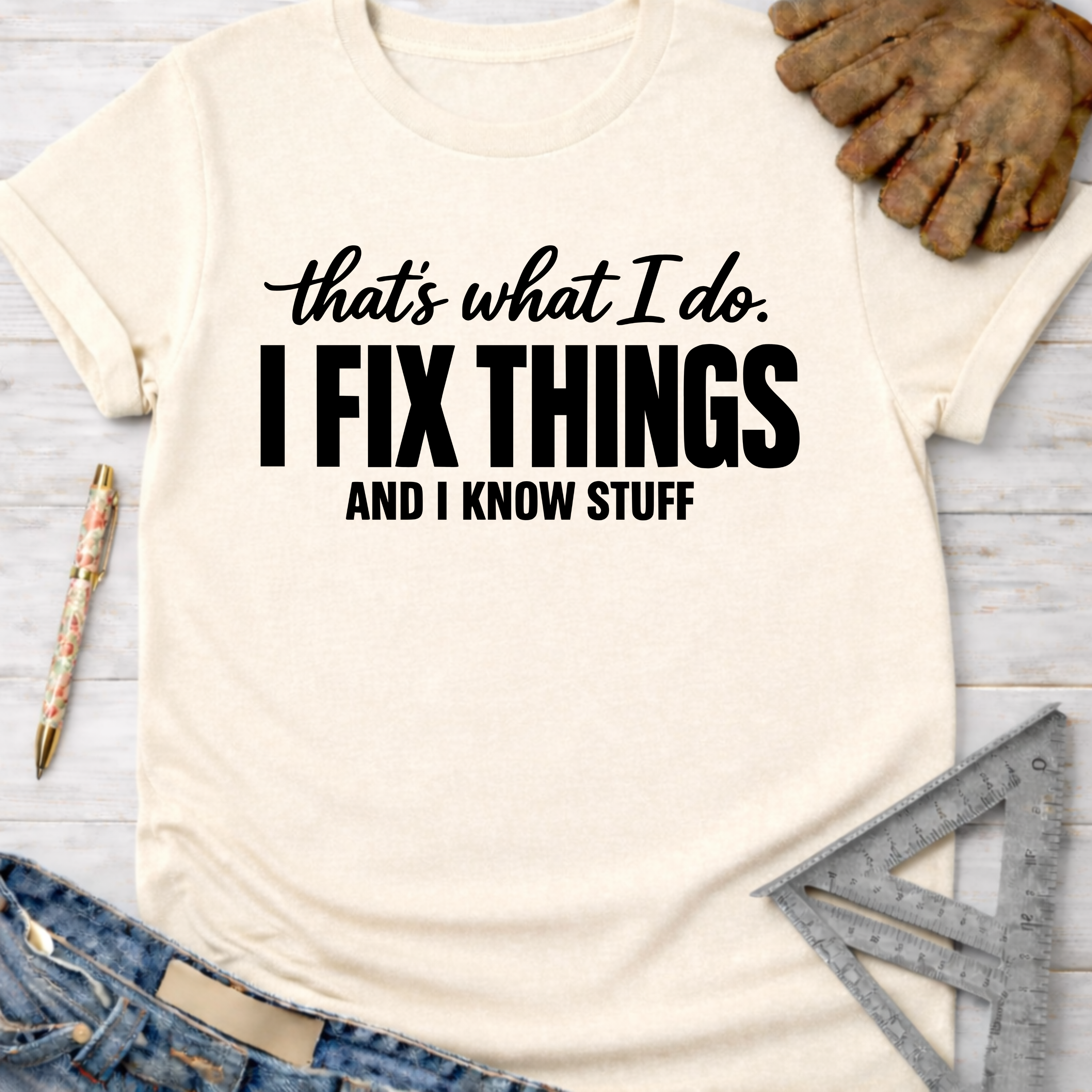 Women's funny woodworking graphic tee shirt for female woodworkers, makers, and DIY builders — Sawdust & Ponytails. Cream t-shirt with "I Fix Things And Know Stuff" in black text.