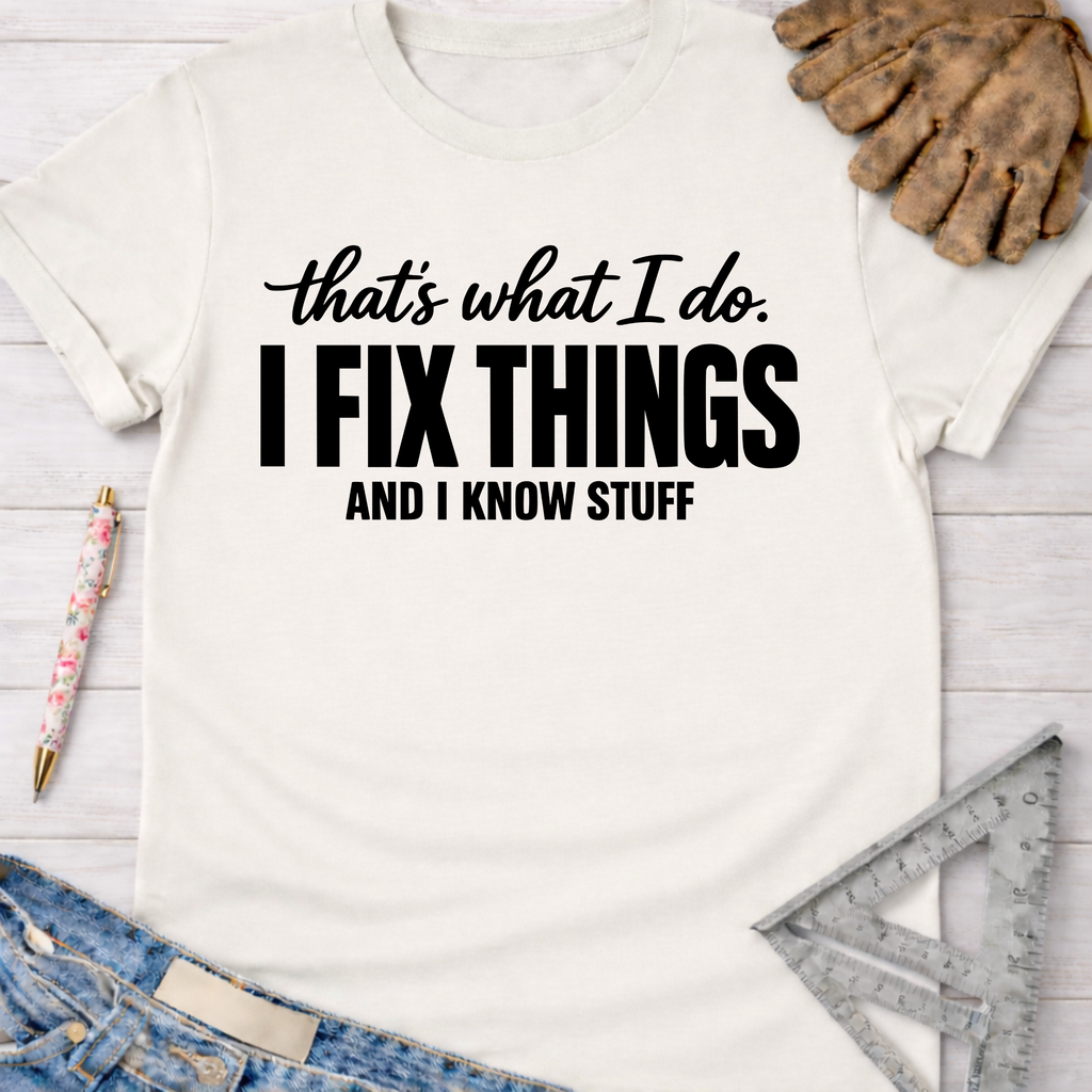 Women's funny woodworking graphic tee shirt for female woodworkers, makers, and DIY builders — Sawdust & Ponytails. Cream t-shirt with "I FIX THINGS AND I KNOW STUFF" text.