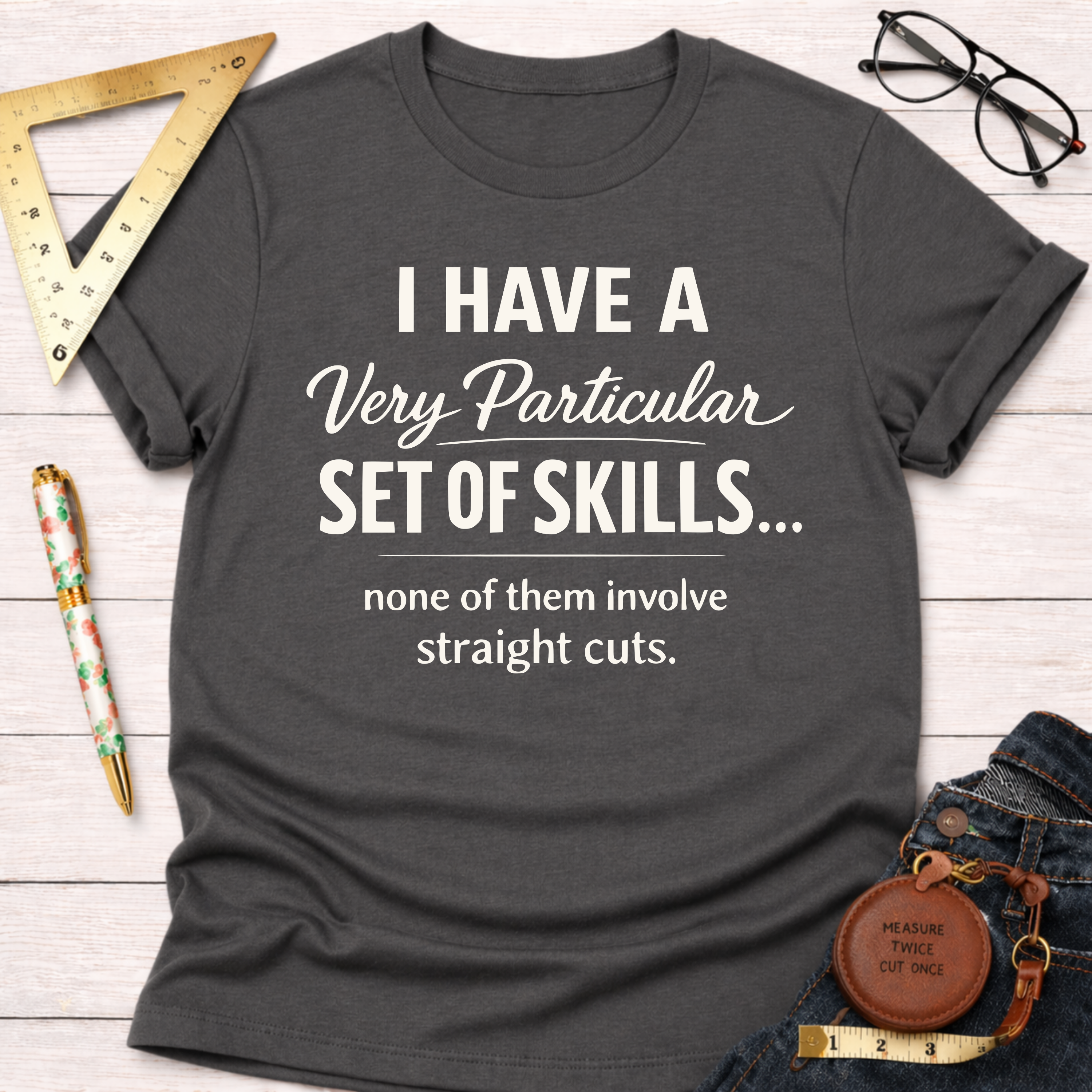 Charcoal gray t-shirt with "I Have A Very Particular Set Of Skills... none of them involve straight cuts." text.