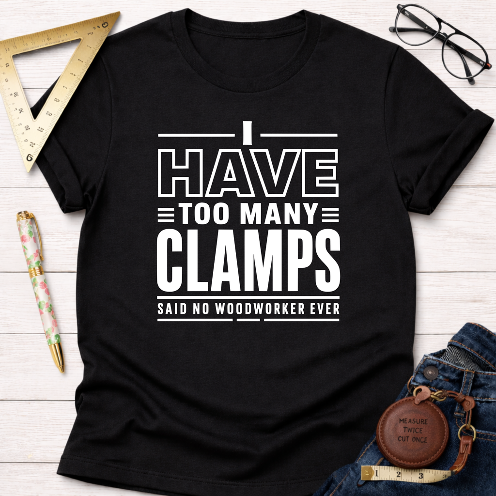 Black cotton t-shirt with "I Have Too Many Clamps Said No Woodworker Ever" in white text.