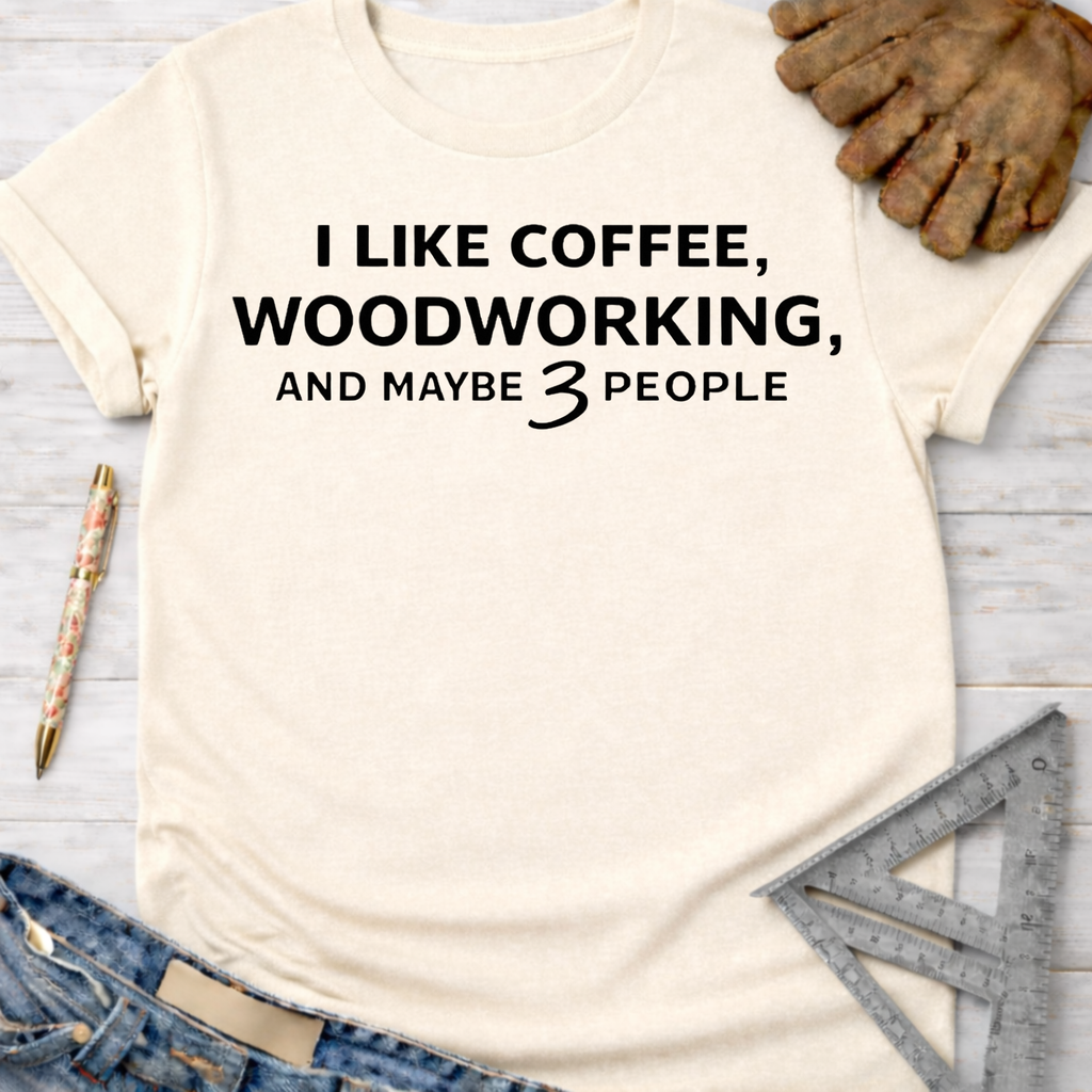 Women's funny woodworking graphic tee shirt for female woodworkers, makers, and DIY builders — Sawdust & Ponytails. Cream t-shirt with "I LIKE COFFEE, WOODWORKING, AND MAYBE 3 PEOPLE" text.