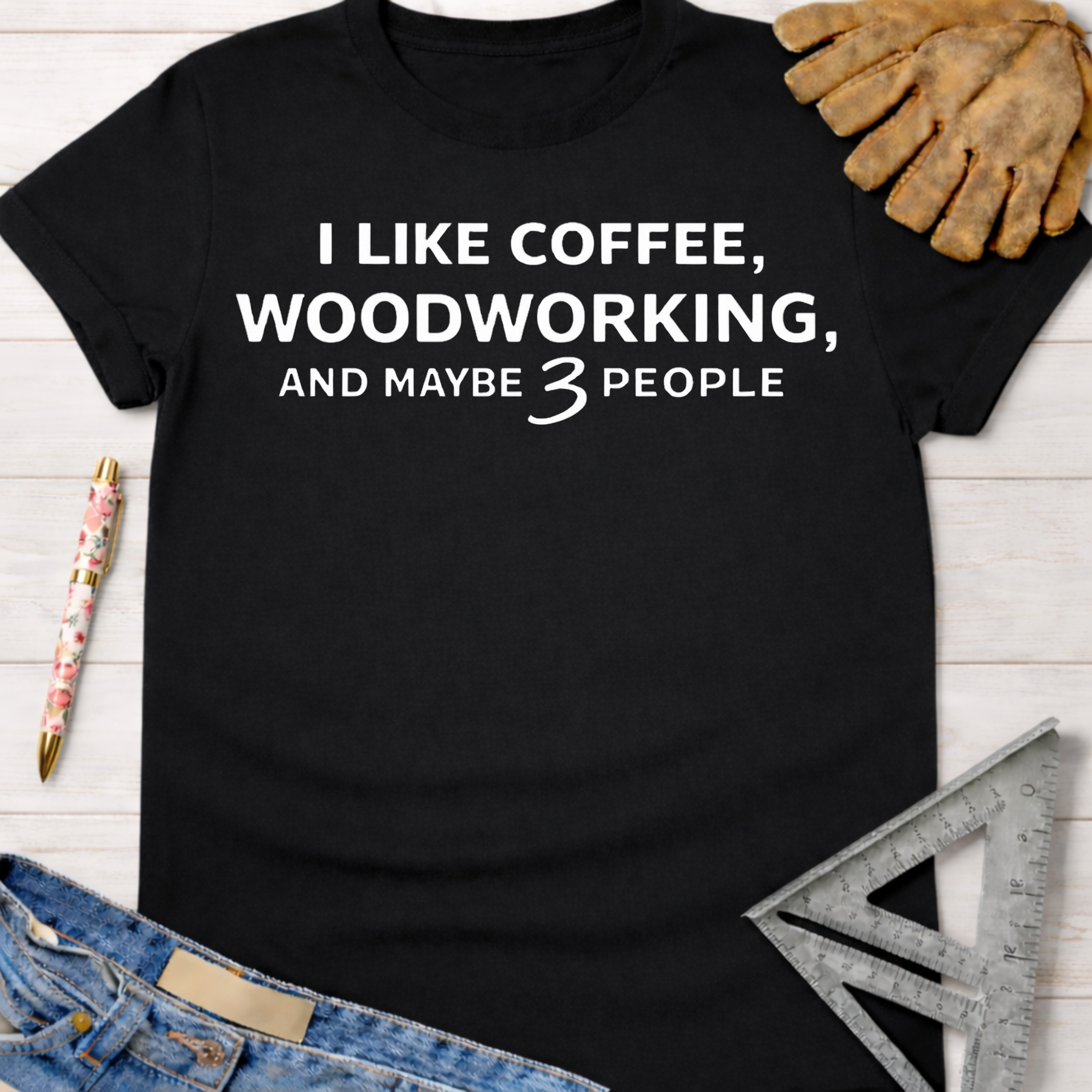 Women's funny woodworking graphic tee shirt for female woodworkers, makers, and DIY builders — Sawdust & Ponytails. Black cotton tee with "I Like Coffee, Woodworking, And Maybe 3 People" text.