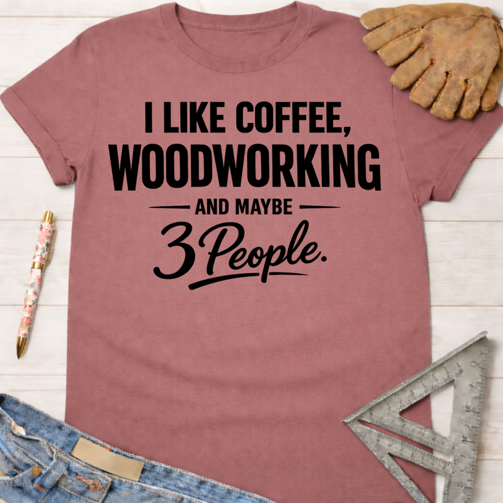 Women's funny woodworking graphic tee shirt for female woodworkers, makers, and DIY builders — Sawdust & Ponytails. Mauve t-shirt with "I Like Coffee, Woodworking, And Maybe 3 People" text.