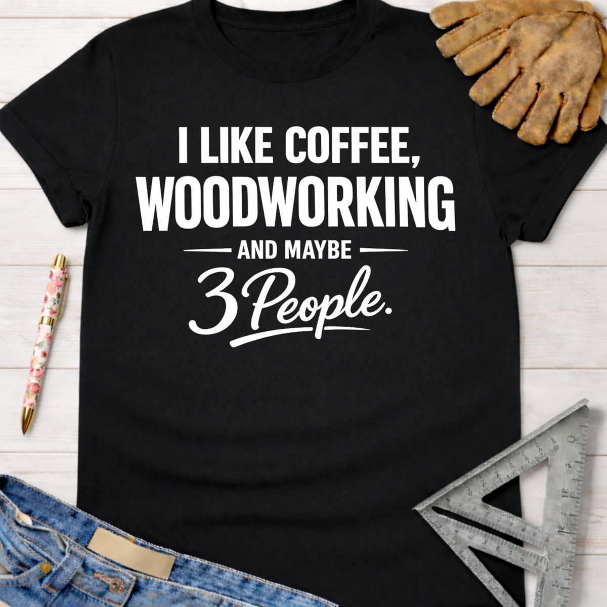 Black cotton women's funny woodworking graphic tee with "I Like Coffee, Woodworking, And Maybe 3 People" text.