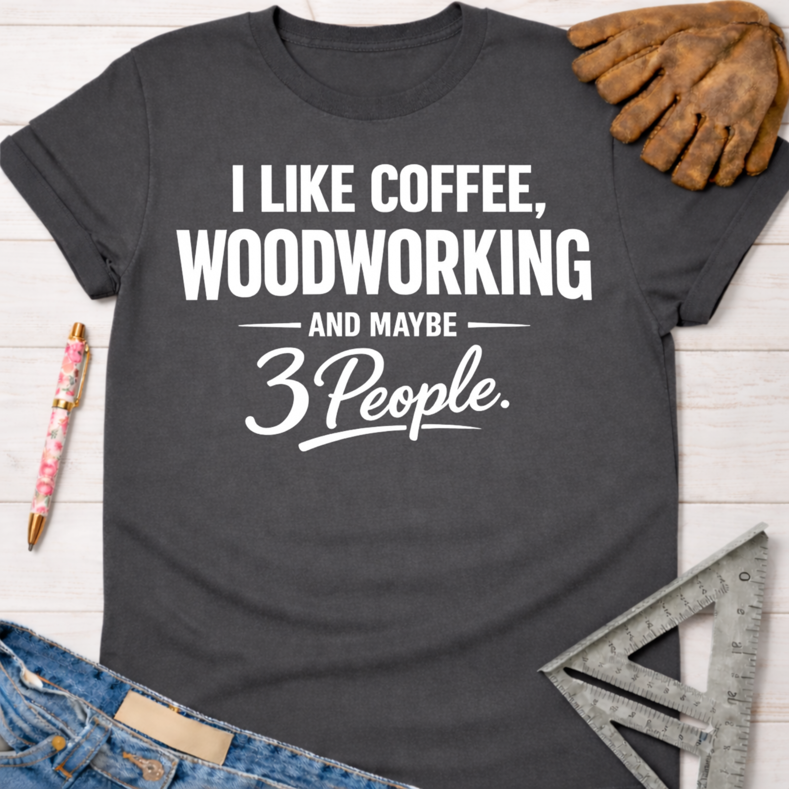 Charcoal gray women's funny woodworking graphic tee with "I Like Coffee, Woodworking And Maybe 3 People" text.