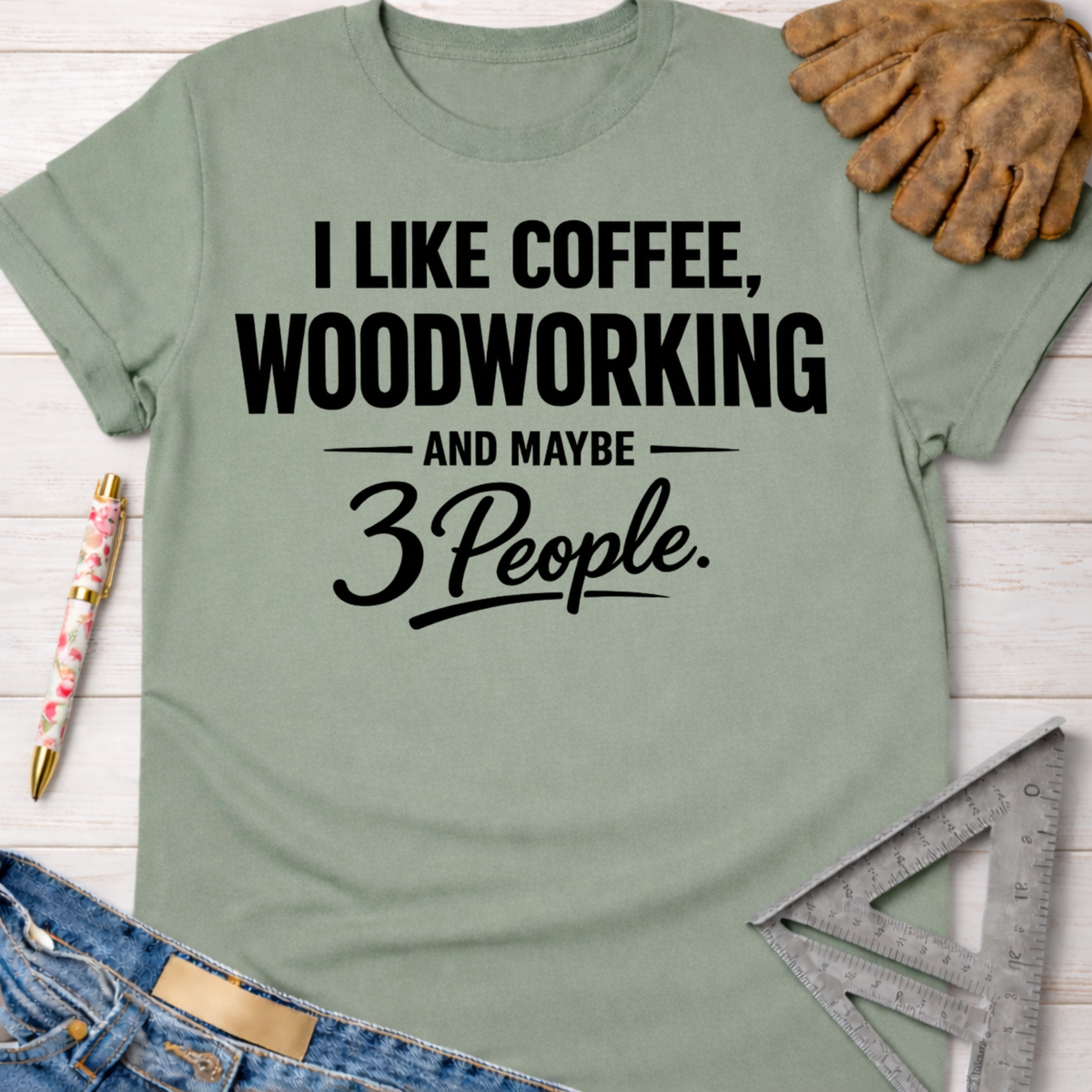 Women's funny woodworking graphic tee shirt for female woodworkers, makers, and DIY builders — Sawdust & Ponytails. Sage green cotton tee with "I Like Coffee, Woodworking, And Maybe 3 People" text.