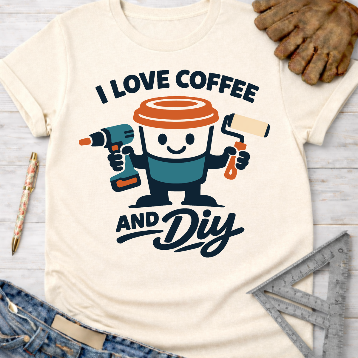 Women's funny woodworking graphic tee shirt for female woodworkers, makers, and DIY builders — Sawdust & Ponytails. Cream t-shirt with "I Love Coffee and DIY" graphic featuring a smiling coffee cup holding a drill and paint roller.