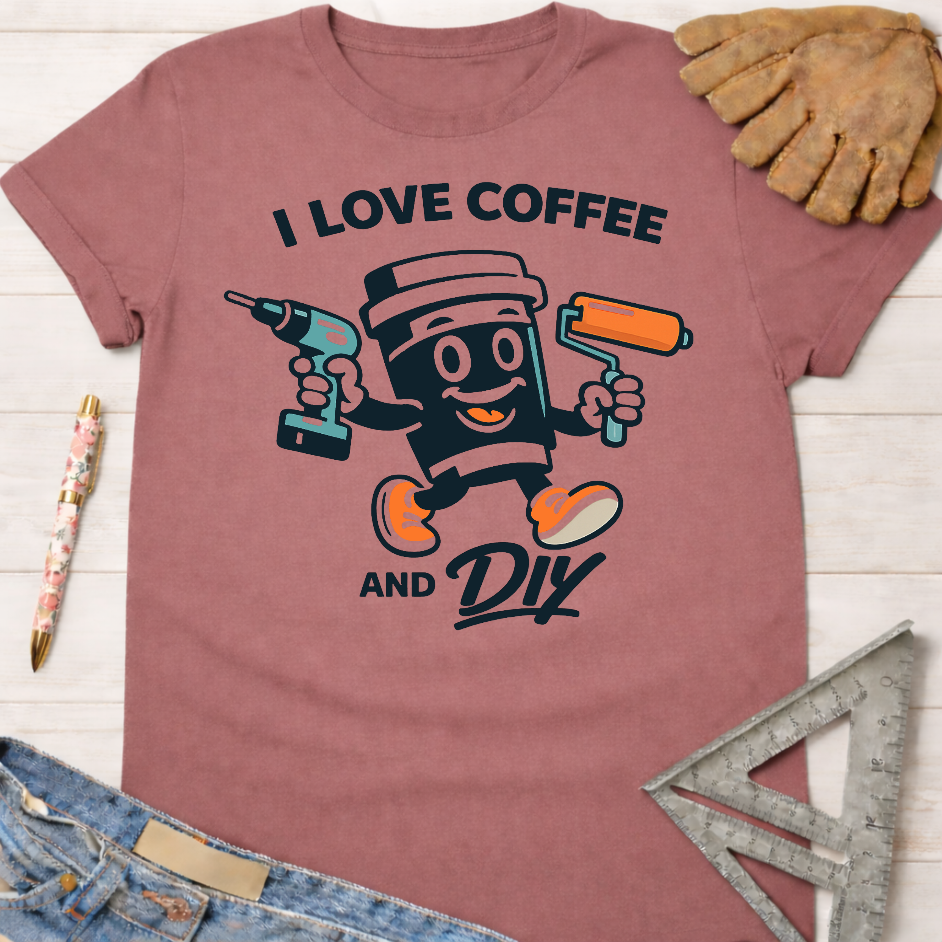 Women's funny woodworking graphic tee shirt for female woodworkers, makers, and DIY builders — Sawdust & Ponytails. Mauve cotton tee with "I Love Coffee and DIY" graphic.