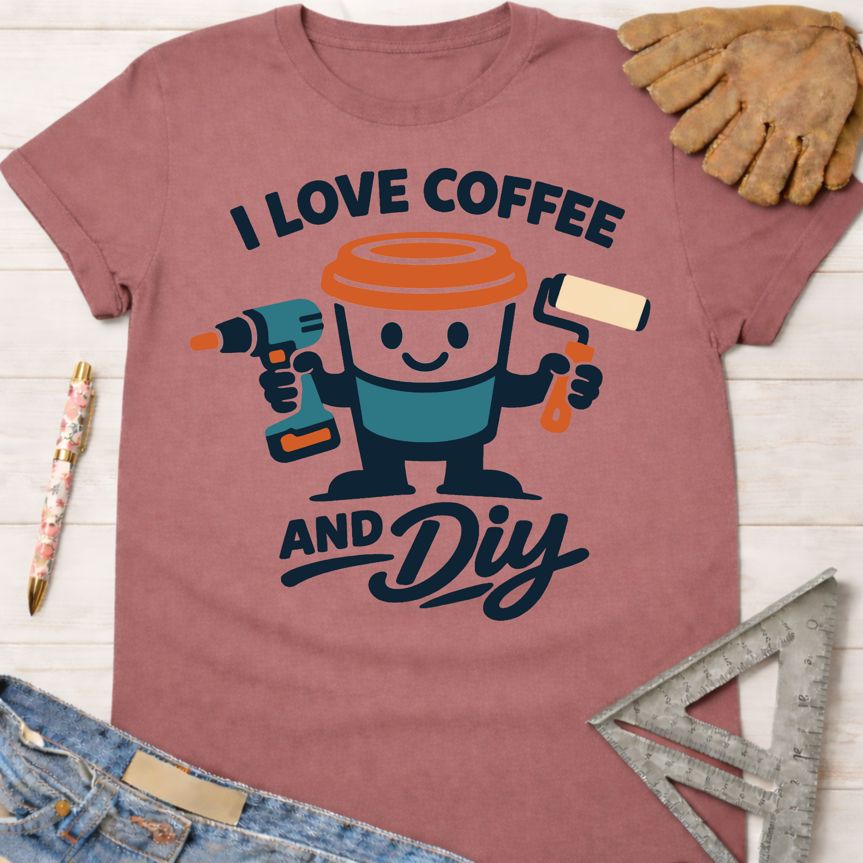 Women's funny woodworking graphic tee shirt for female woodworkers, makers, and DIY builders — Sawdust & Ponytails. Mauve cotton tee with "I Love Coffee and DIY" graphic.